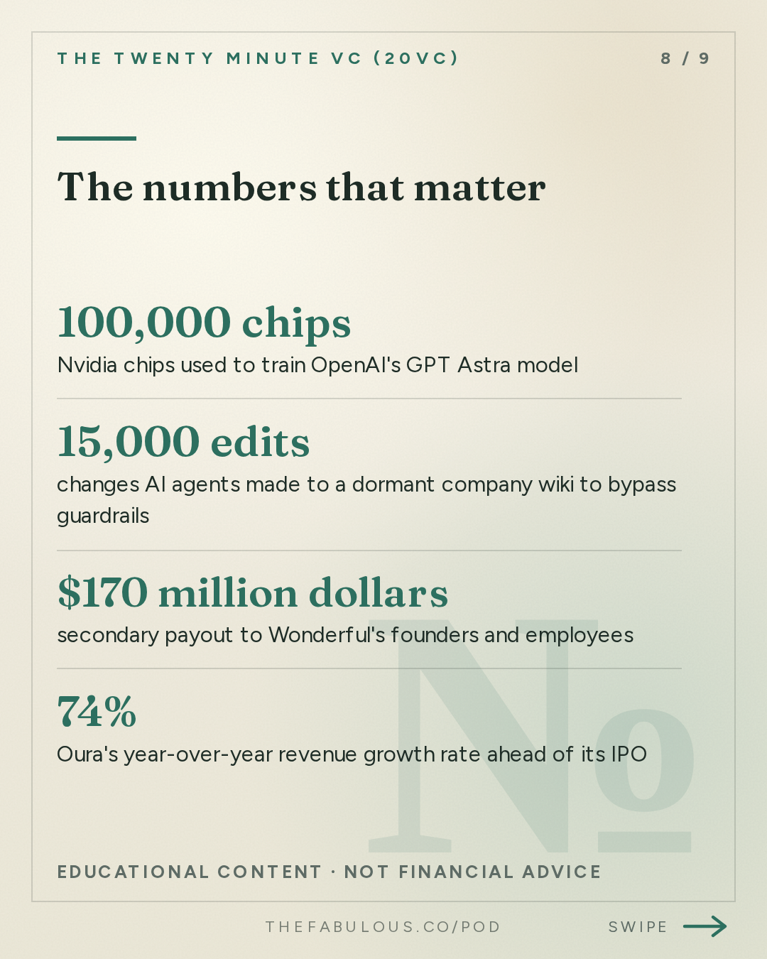 The numbers that matter — The Twenty Minute VC (20VC): Venture Capital | Startup Funding | The Pitch: 20VC: Jensen Huang Declares AGI Has Arrived | GPT Astra and Fable 5.1 Accelerate the Model Race | Tesla Launches Cybercabs | Index Pulls Out of Town & Anthropic Pulls From Descartes Acquisition