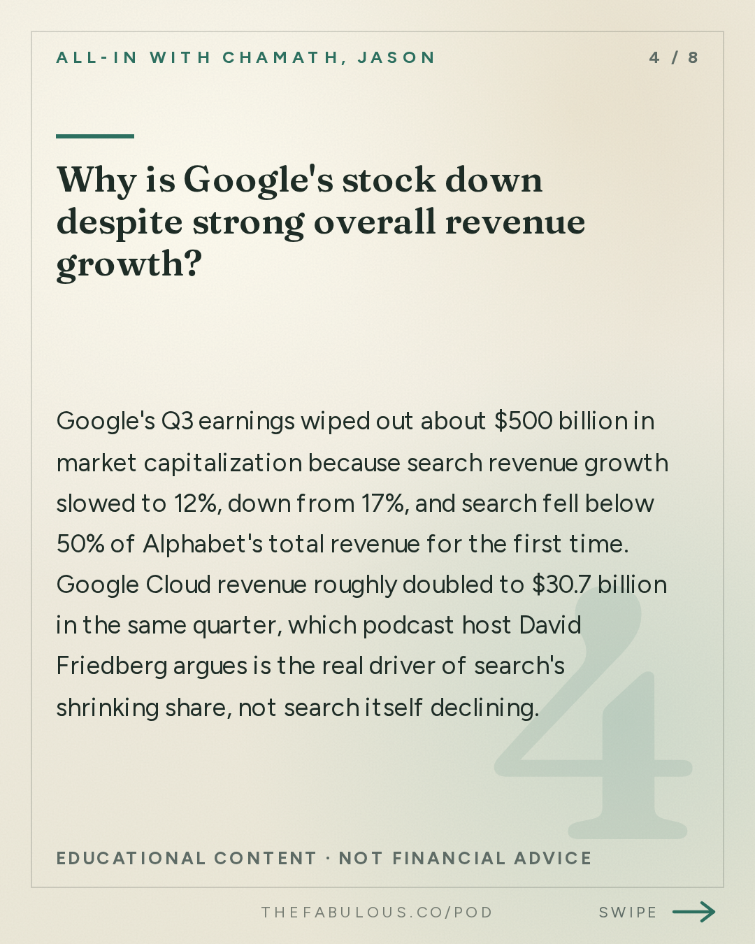 Why is Google's stock down despite strong overall revenue growth? — All-In with Chamath, Jason, Sacks & Friedberg: Anthropic S-1 Shocker, Greatest Business Ever? Google's $500B Wipeout, Midterm Predictions
