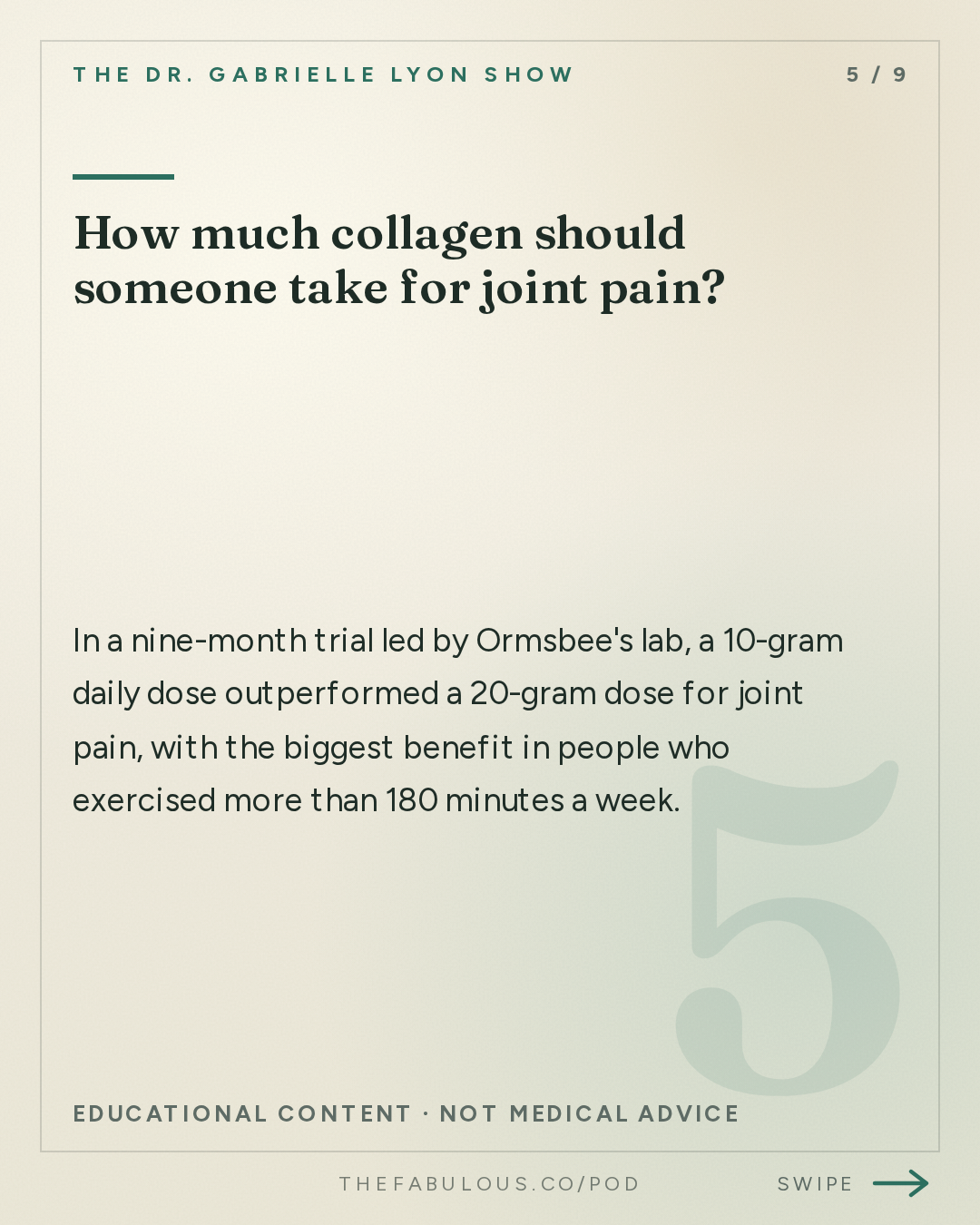 How much collagen should someone take for joint pain? — The Dr. Gabrielle Lyon Show: Dr. Mike Ormsbee: Eating Before Bed - What Probes in Belly Fat Revealed About Protein Snacks