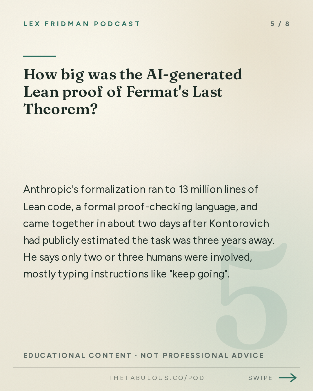 How big was the AI-generated Lean proof of Fermat's Last Theorem? — Lex Fridman Podcast: #503 – AI Crisis in Math: Navier-Stokes, Riemann Hypothesis & Complexity Theory