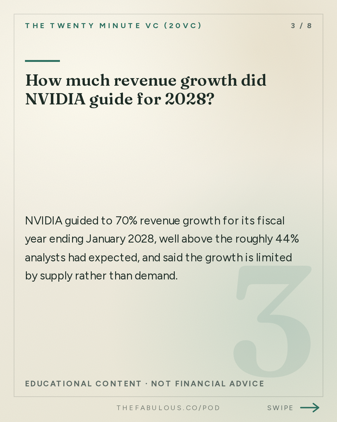 How much revenue growth did NVIDIA guide for 2028? — The Twenty Minute VC (20VC): Venture Capital | Startup Funding | The Pitch: 20VC: NVIDIA Crushes Quarter and Buys Hugging Face | OpenAI Cuts Off Cursor | Instinct Hits $2.5BN Valuation and The Race for AI Assistants | Cognition Raises at $46BN, Linear $2.5BN and Clay $7BN