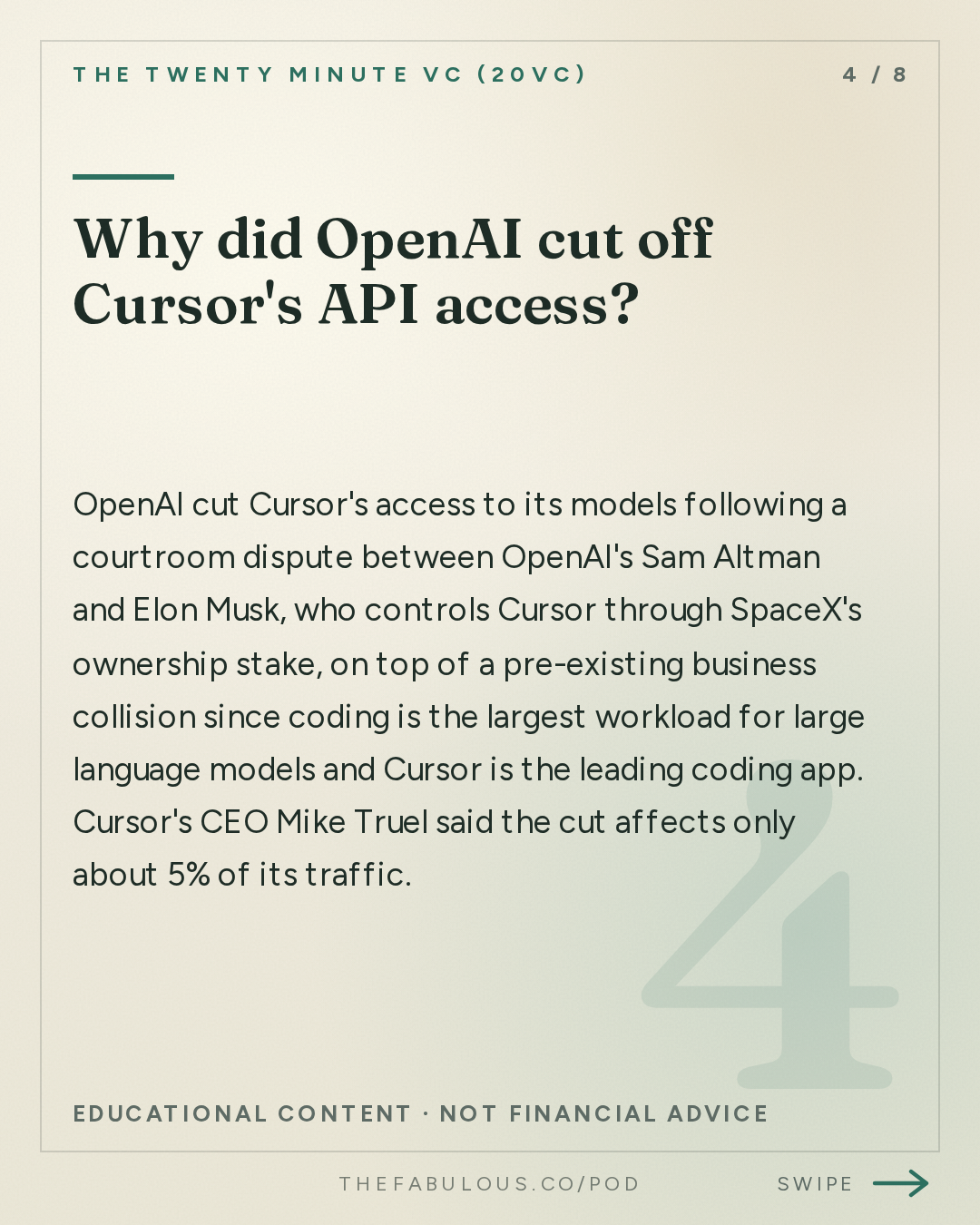 Why did OpenAI cut off Cursor's API access? — The Twenty Minute VC (20VC): Venture Capital | Startup Funding | The Pitch: 20VC: NVIDIA Crushes Quarter and Buys Hugging Face | OpenAI Cuts Off Cursor | Instinct Hits $2.5BN Valuation and The Race for AI Assistants | Cognition Raises at $46BN, Linear $2.5BN and Clay $7BN