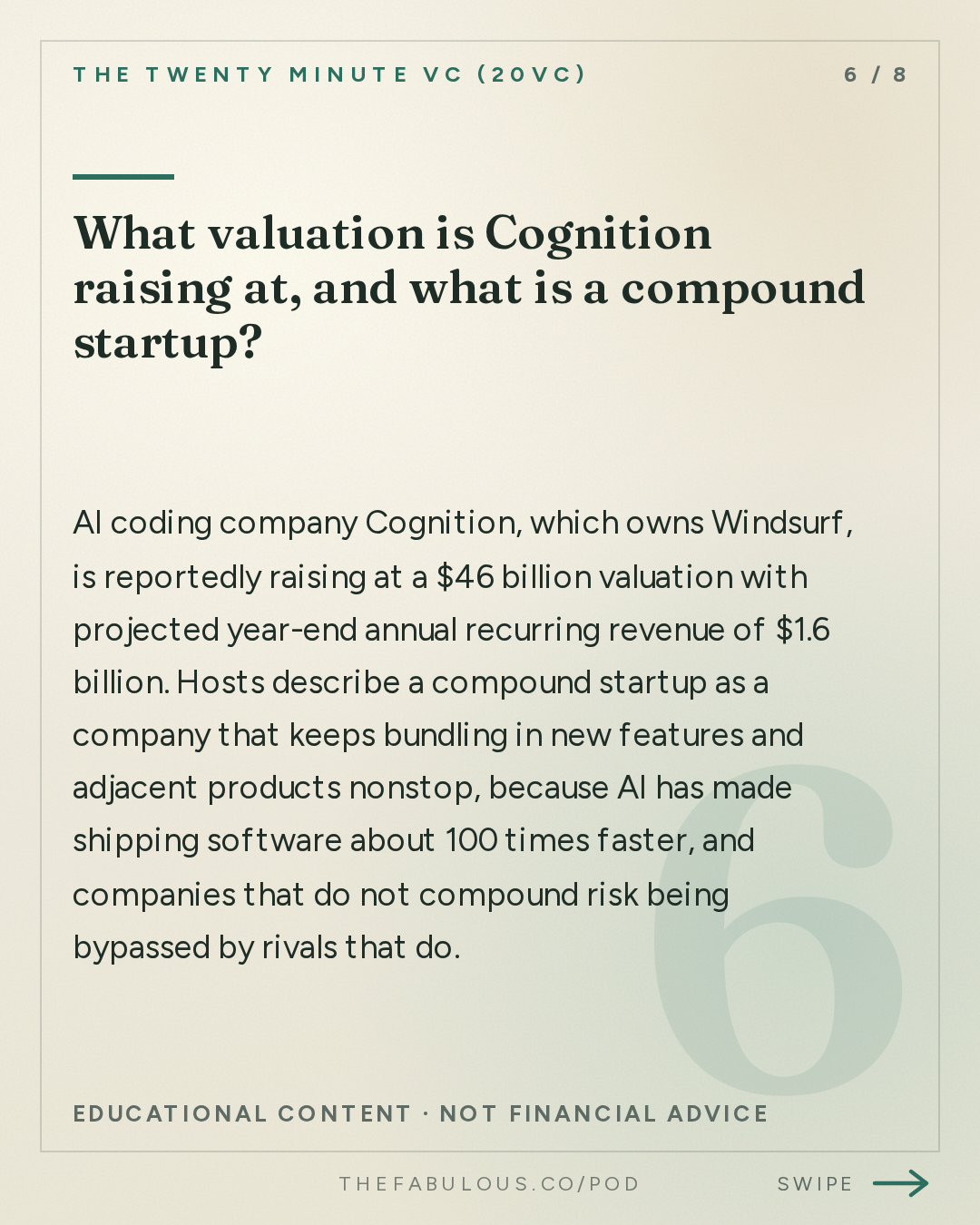 What valuation is Cognition raising at, and what is a compound startup? — The Twenty Minute VC (20VC): Venture Capital | Startup Funding | The Pitch: 20VC: NVIDIA Crushes Quarter and Buys Hugging Face | OpenAI Cuts Off Cursor | Instinct Hits $2.5BN Valuation and The Race for AI Assistants | Cognition Raises at $46BN, Linear $2.5BN and Clay $7BN