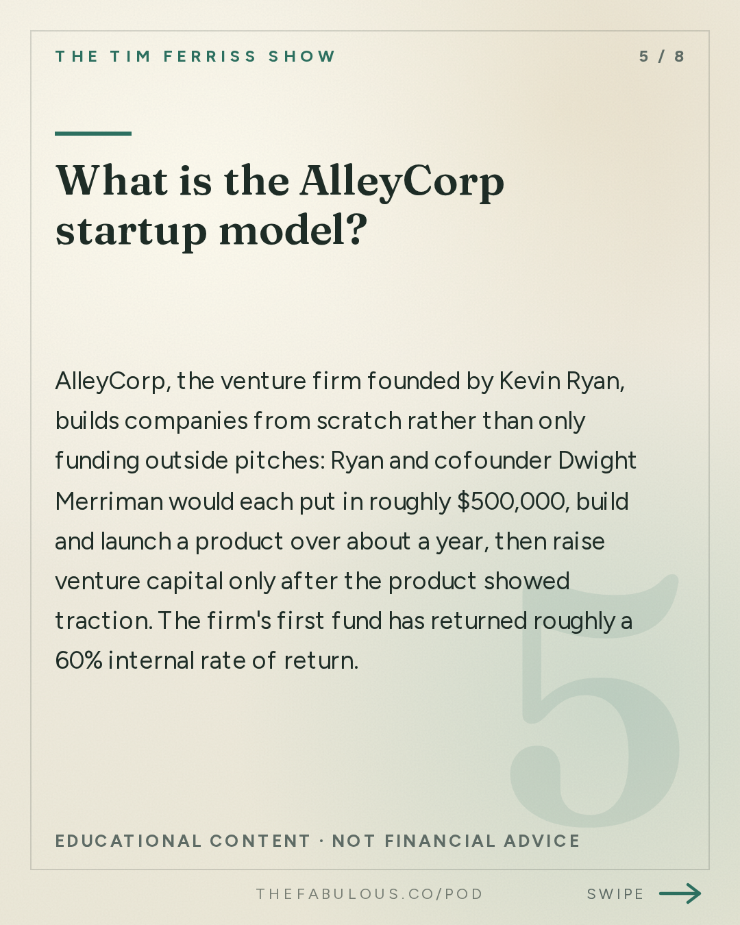 What is the AlleyCorp startup model? — The Tim Ferriss Show: #884: How to Spot 10-Year Trends and Build Billion-Dollar Companies — Kevin Ryan of DoubleClick, MongoDB, Business Insider, and Many More