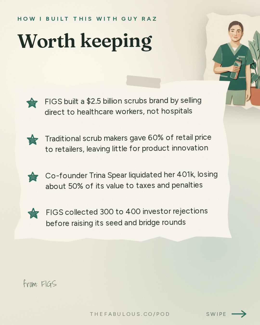 Worth keeping — How I Built This with Guy Raz: FIGS: Trina Spear and Heather Hasson. The $2.5 Billion Scrubs Brand That Investors Said Would Never Work