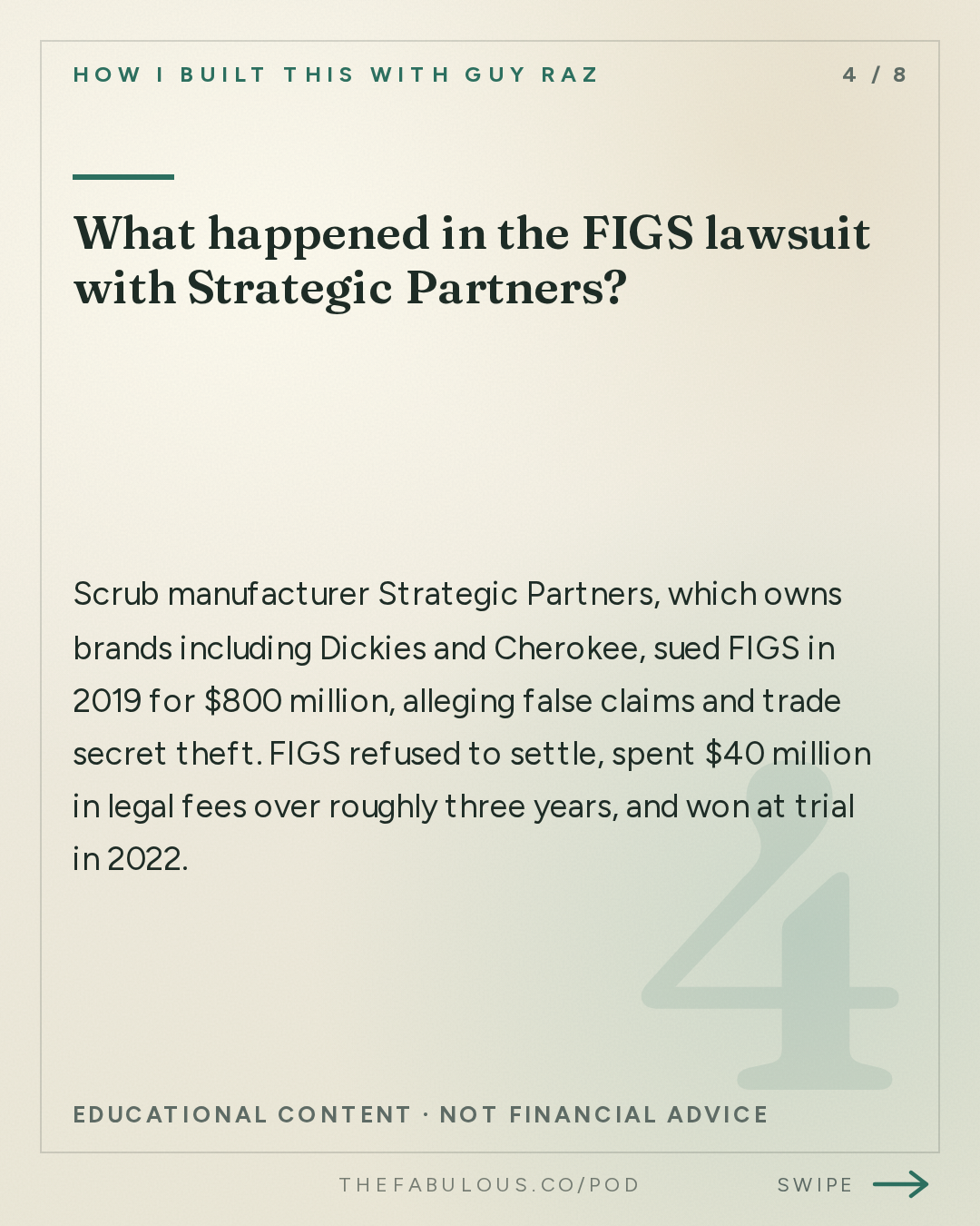 What happened in the FIGS lawsuit with Strategic Partners? — How I Built This with Guy Raz: FIGS: Trina Spear and Heather Hasson. The $2.5 Billion Scrubs Brand That Investors Said Would Never Work