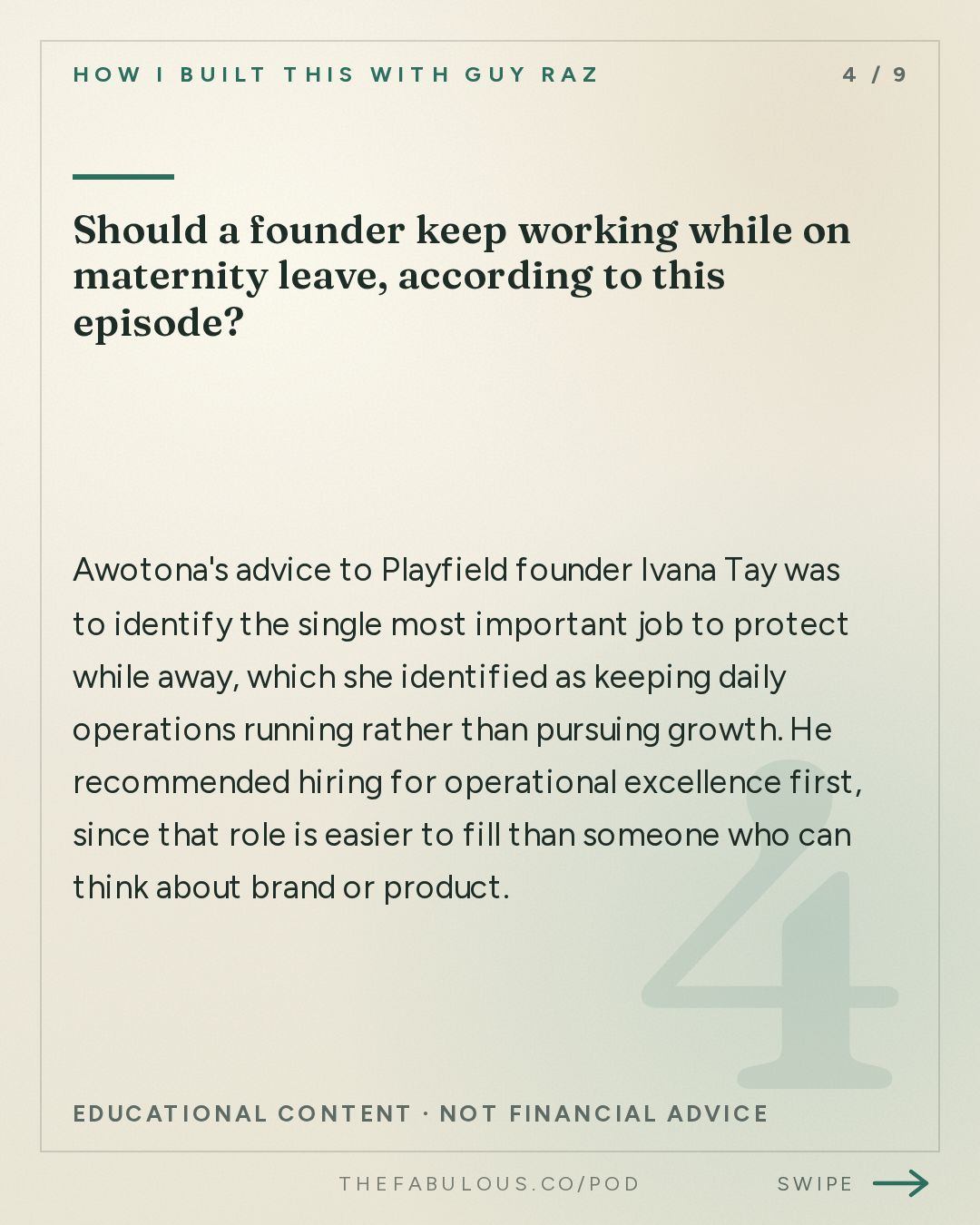 Should a founder keep working while on maternity leave, according to this episode? — How I Built This with Guy Raz: Advice Line with Tope Awotona of Calendly