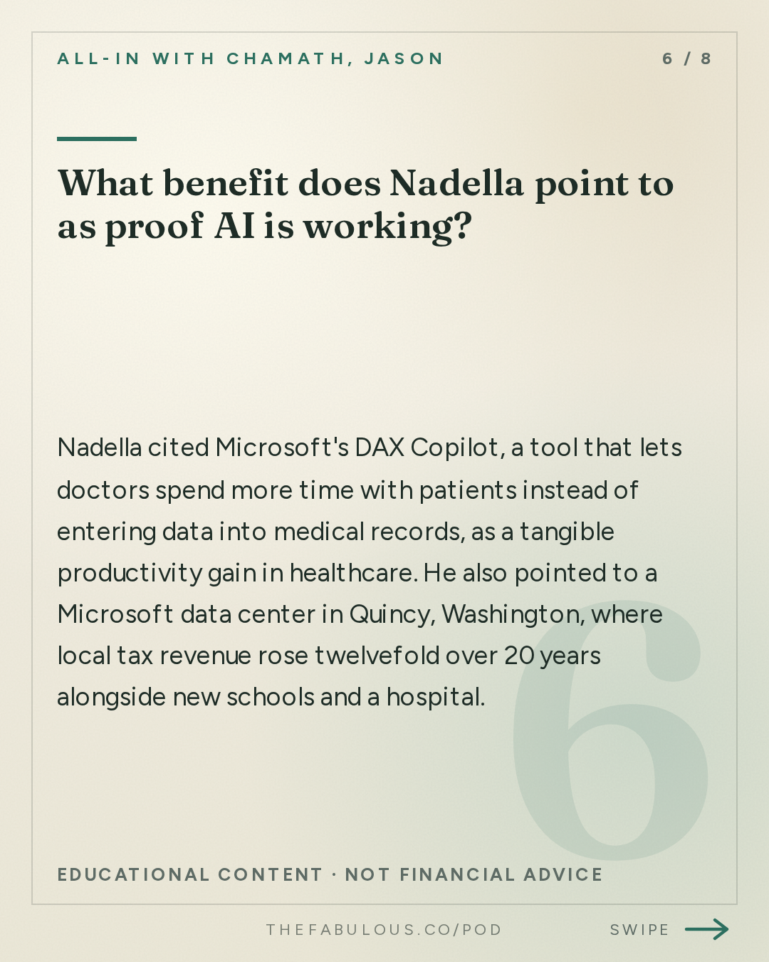 What benefit does Nadella point to as proof AI is working? — All-In with Chamath, Jason, Sacks & Friedberg: Satya Nadella on the AI Doomer Slowdown, Microsoft's Master Plan & Who Wins AI