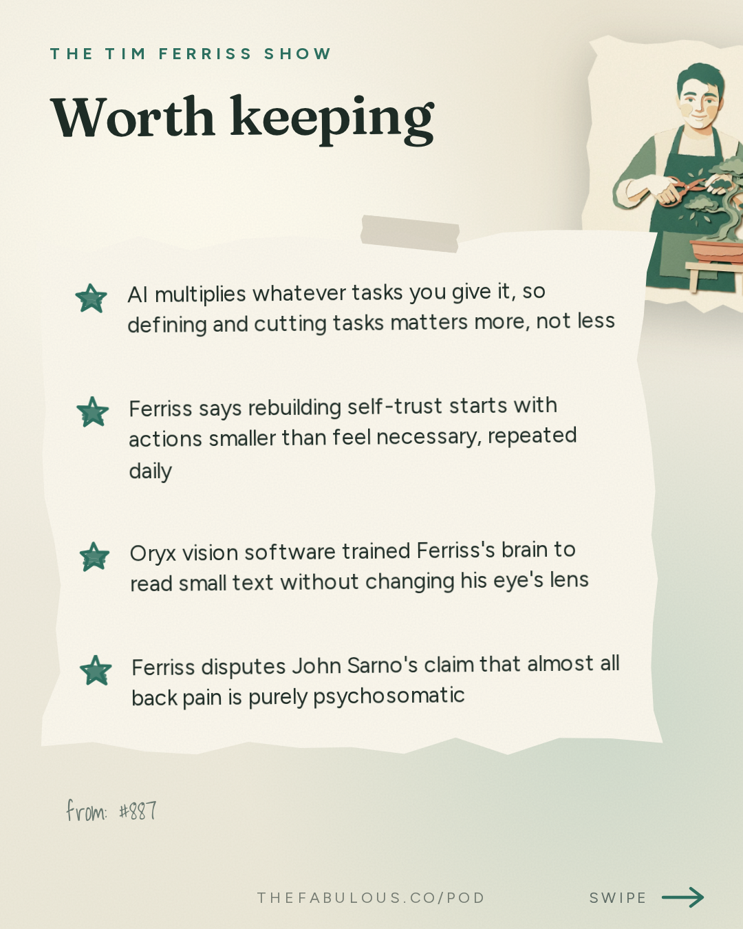 Worth keeping — The Tim Ferriss Show: #887: Q&A with Tim — The 4-Hour Workweek in a World of AI, Rebuilding Personal Agency, The 4-Hour Body After 40, and More
