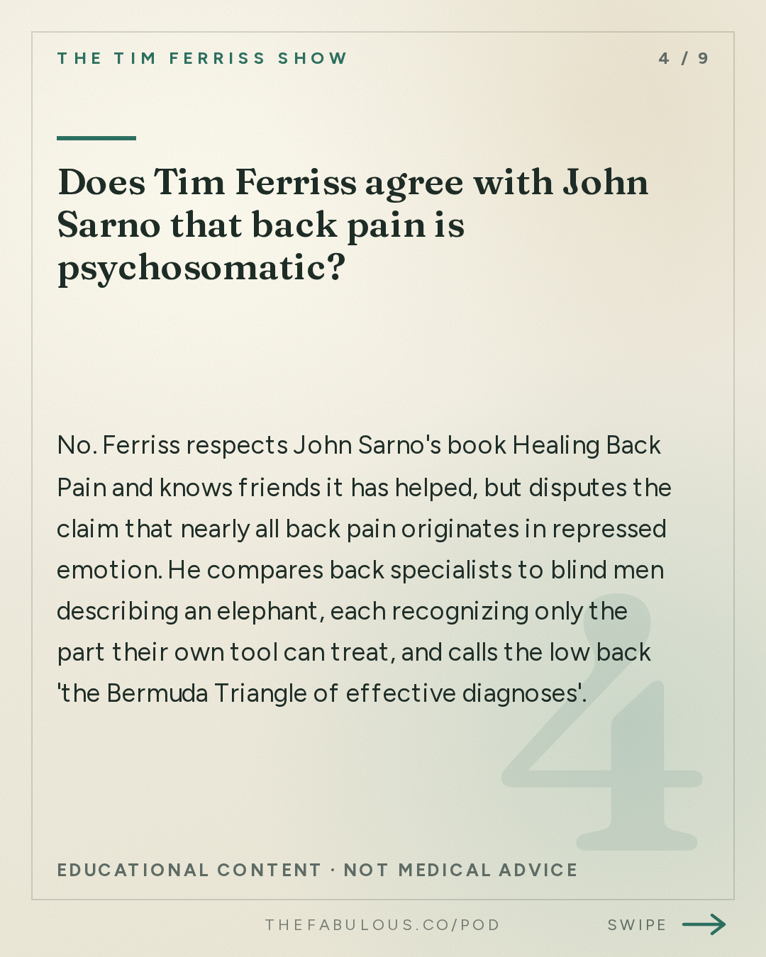 Does Tim Ferriss agree with John Sarno that back pain is psychosomatic? — The Tim Ferriss Show: #887: Q&A with Tim — The 4-Hour Workweek in a World of AI, Rebuilding Personal Agency, The 4-Hour Body After 40, and More