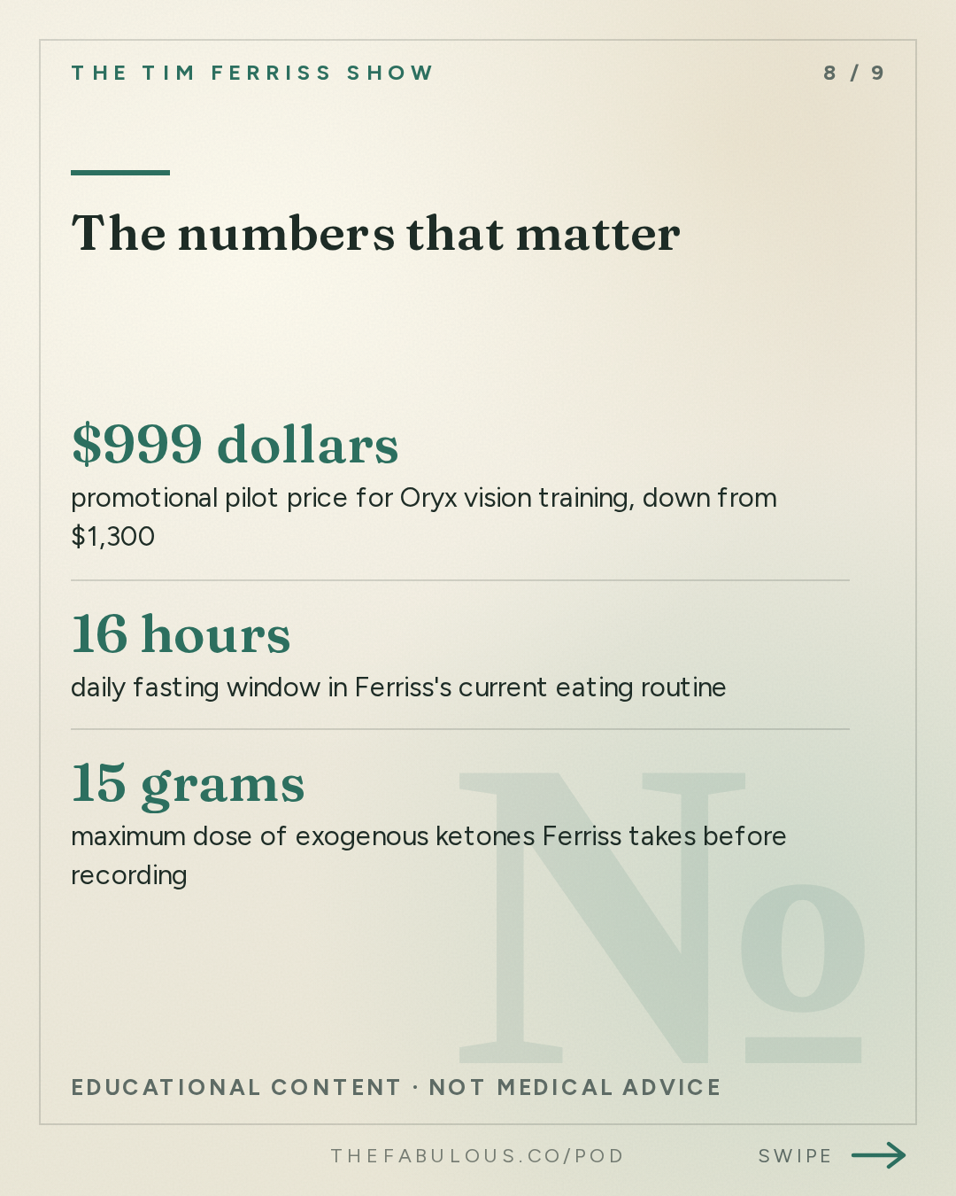 The numbers that matter — The Tim Ferriss Show: #887: Q&A with Tim — The 4-Hour Workweek in a World of AI, Rebuilding Personal Agency, The 4-Hour Body After 40, and More