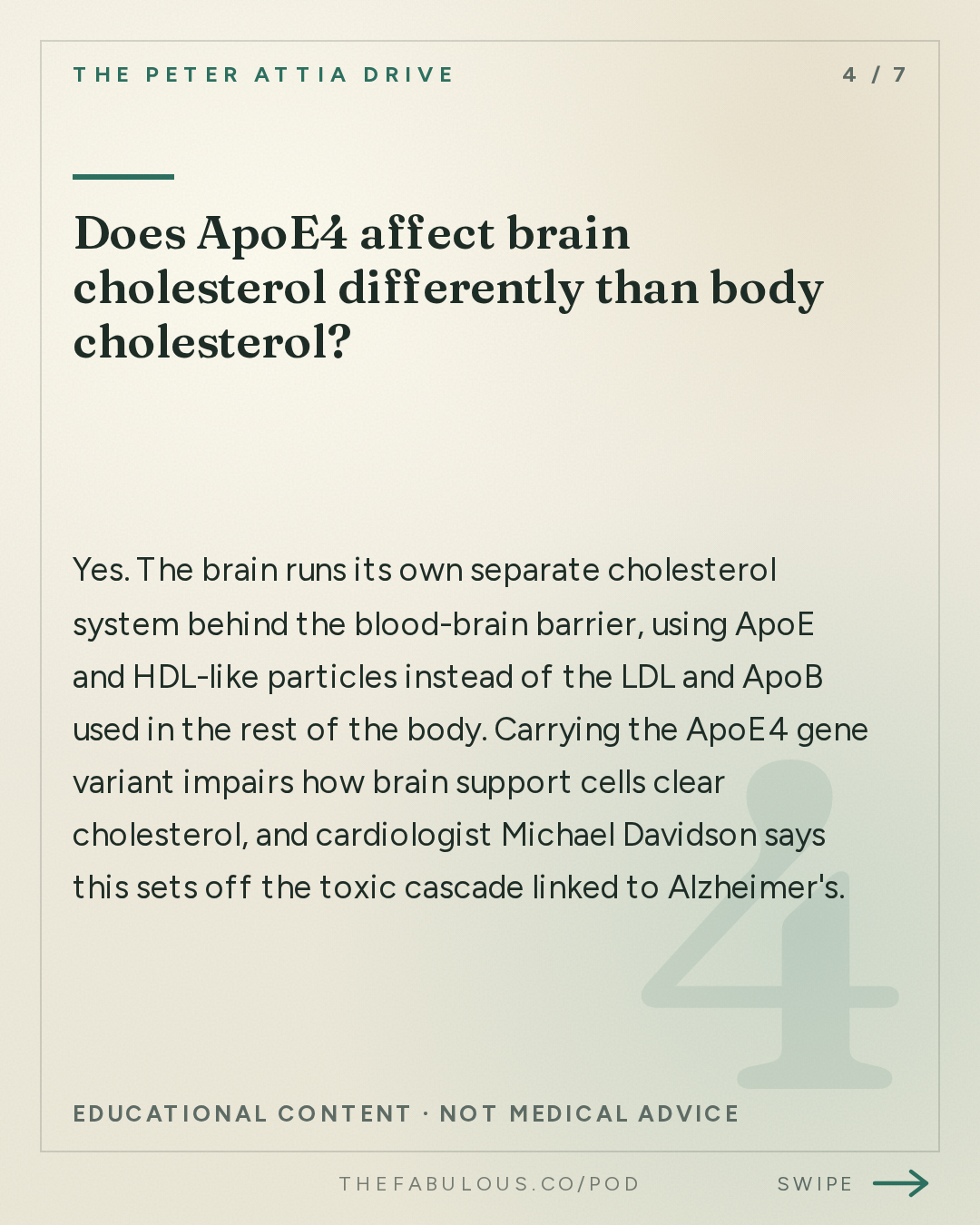 Does ApoE4 affect brain cholesterol differently than body cholesterol? — The Peter Attia Drive: #407 ‒ Preventing cardiovascular and Alzheimer's disease: lowering LDL early, APOE4, and promising new therapies | Michael Davidson, M.D.