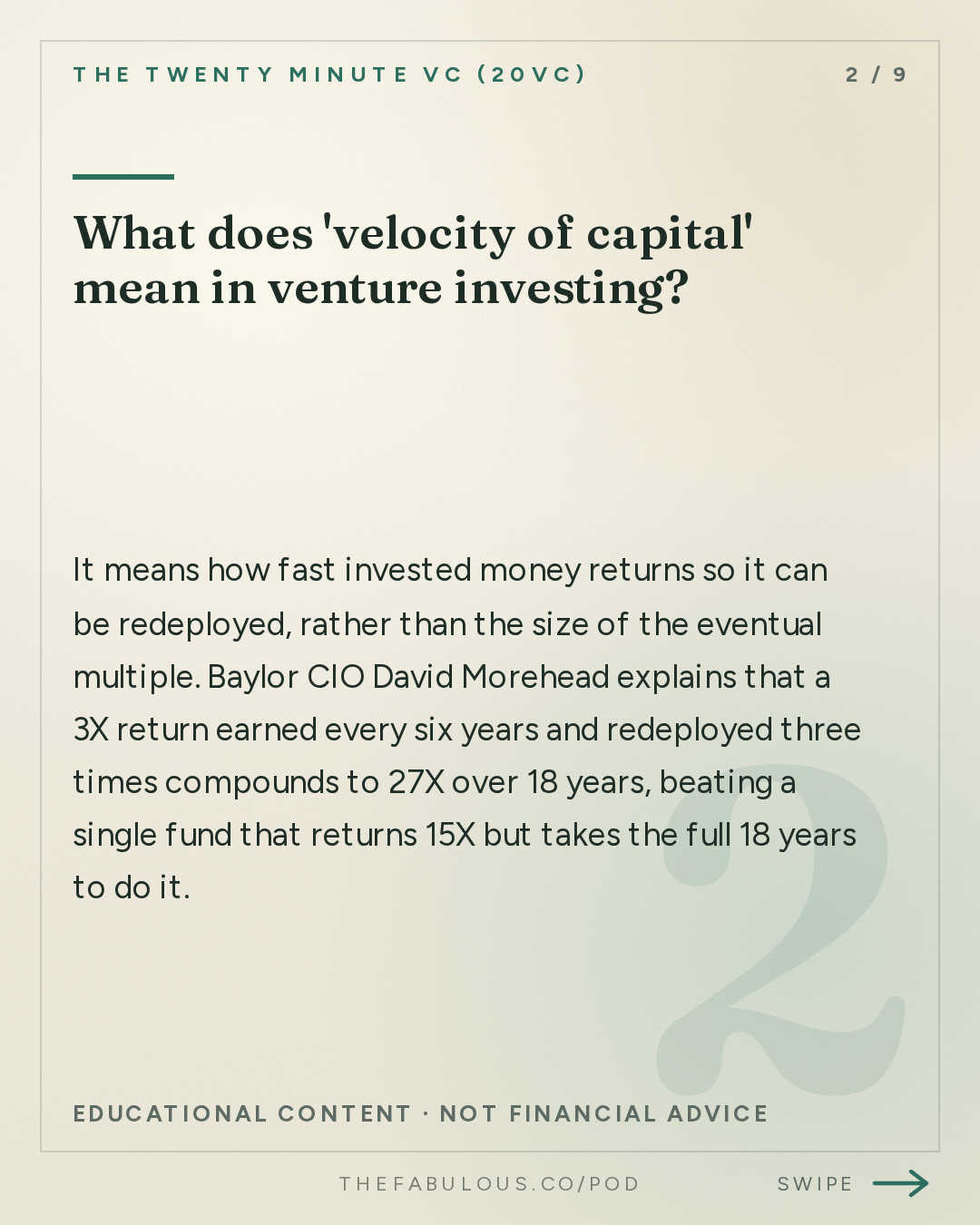 What does 'velocity of capital' mean in venture investing? — The Twenty Minute VC (20VC): Venture Capital | Startup Funding | The Pitch: 20VC: How LPs Allocate to Venture in 2026: What They Want, What They Do Not Want | Why Fund Multiple Does Not Matter Without a Timeline | Why Velocity of Cashback is the Most Important Thing with David Morehead, CIO @ Baylor