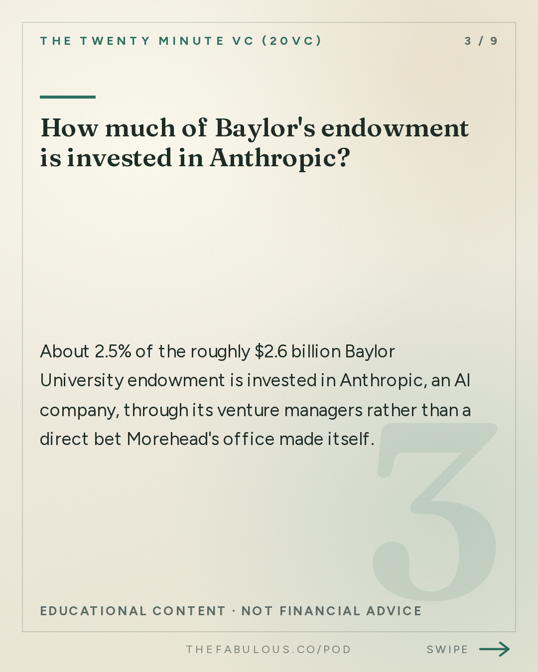 How much of Baylor's endowment is invested in Anthropic? — The Twenty Minute VC (20VC): Venture Capital | Startup Funding | The Pitch: 20VC: How LPs Allocate to Venture in 2026: What They Want, What They Do Not Want | Why Fund Multiple Does Not Matter Without a Timeline | Why Velocity of Cashback is the Most Important Thing with David Morehead, CIO @ Baylor