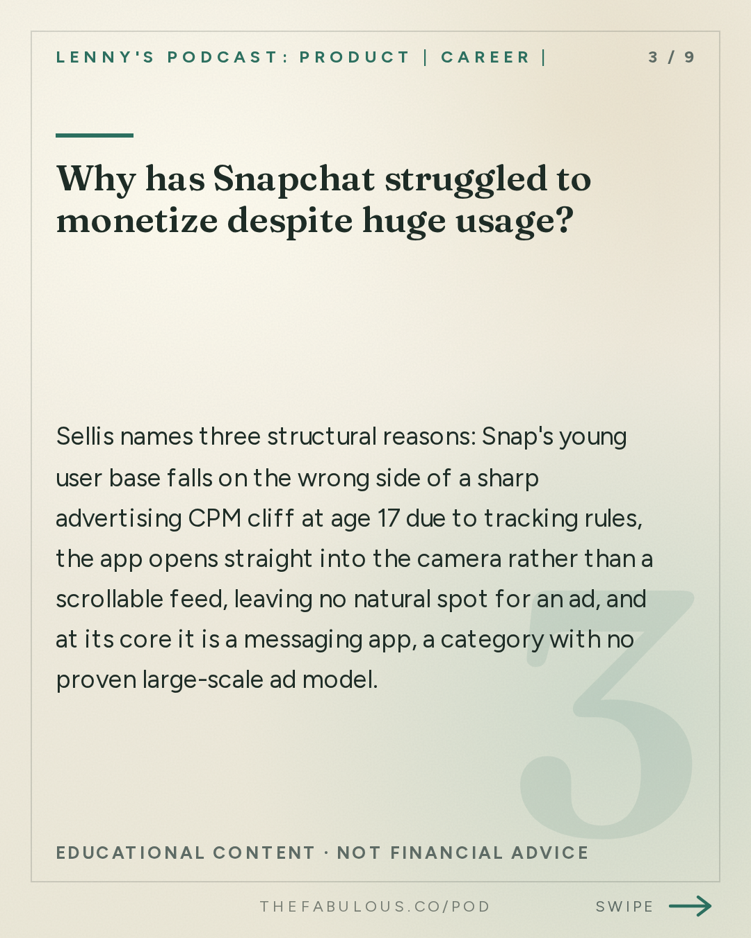 Why has Snapchat struggled to monetize despite huge usage? — Lenny's Podcast: Product | Career | Growth: 90 minutes of unfiltered product advice from Snap and Discord’s product chief | Peter Sellis