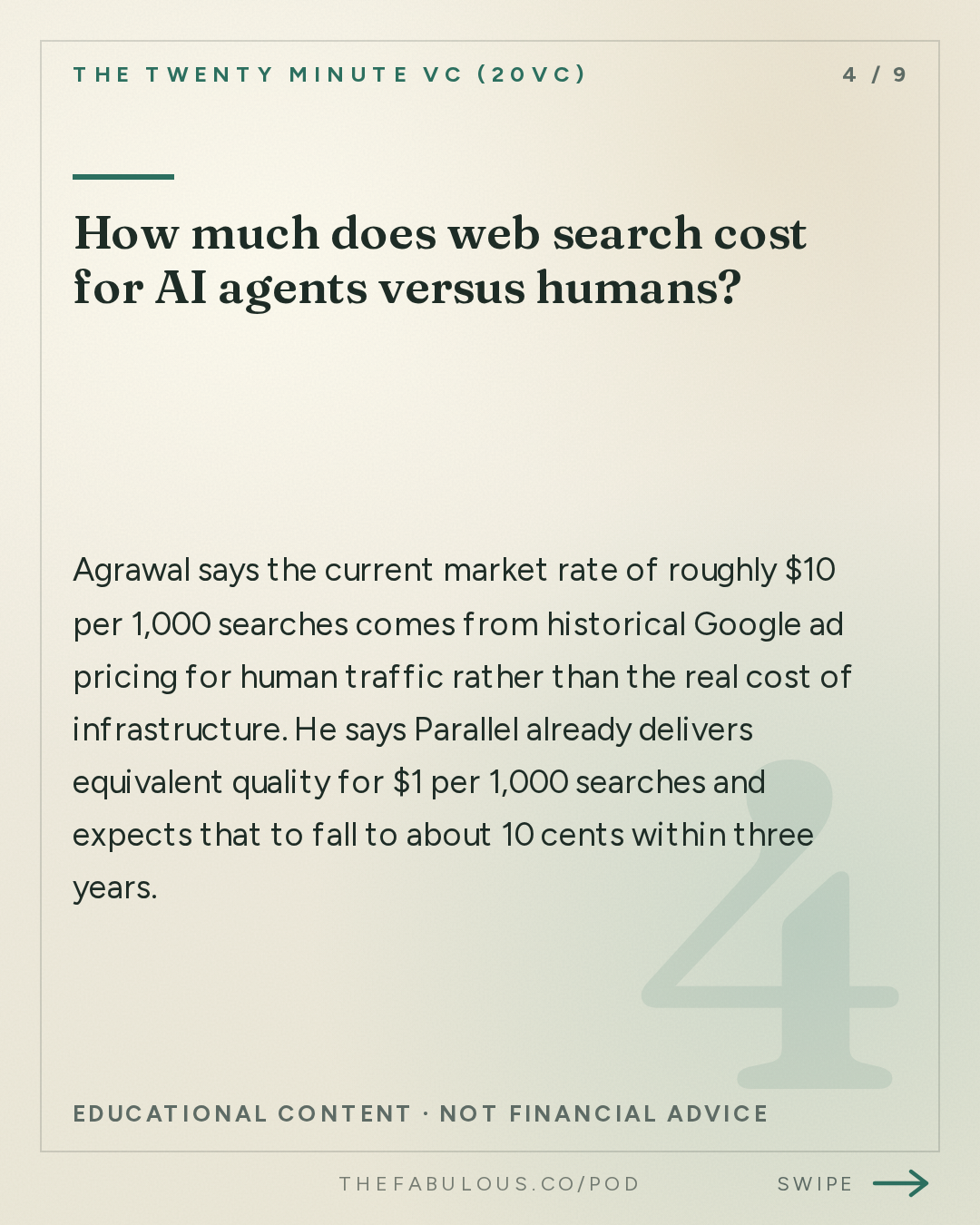 How much does web search cost for AI agents versus humans? — The Twenty Minute VC (20VC): Venture Capital | Startup Funding | The Pitch: 20VC: Five Predictions for a World of Agents | The Ads Business Model Will Die | Biggest Lessons from Working with Elon Musk at Twitter with Parag Agrawal, Parallel
