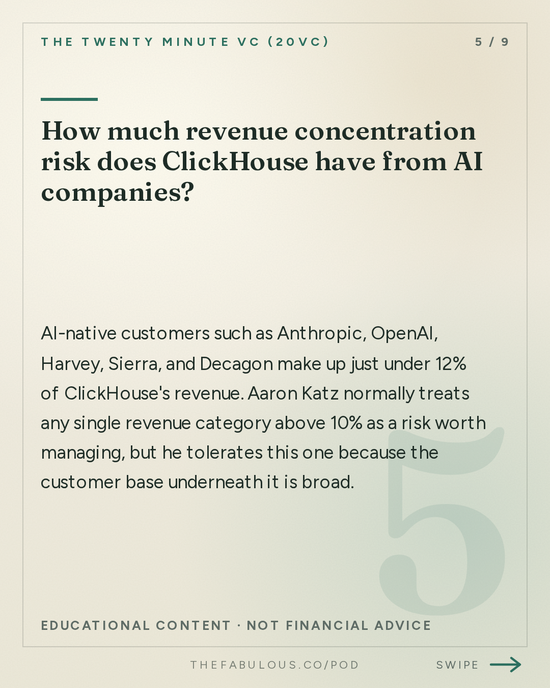How much revenue concentration risk does ClickHouse have from AI companies? — The Twenty Minute VC (20VC): Venture Capital | Startup Funding | The Pitch: 20VC: The AI Bubble Is Wrong | AI Margins Need to Improve | Revenue Concentration Should be a Concern | Why People Over-Estimate Open Models But Enterprises Still Fear Frontier Models with Aaron Katz, ClickHouse