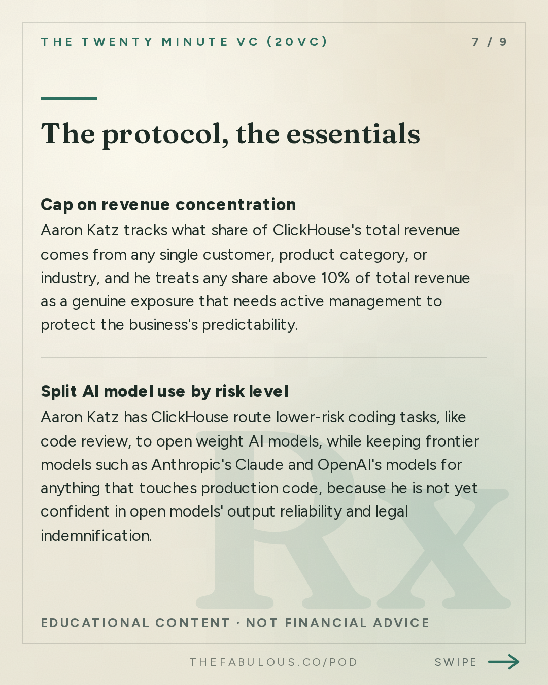 The protocol, the essentials — The Twenty Minute VC (20VC): Venture Capital | Startup Funding | The Pitch: 20VC: The AI Bubble Is Wrong | AI Margins Need to Improve | Revenue Concentration Should be a Concern | Why People Over-Estimate Open Models But Enterprises Still Fear Frontier Models with Aaron Katz, ClickHouse