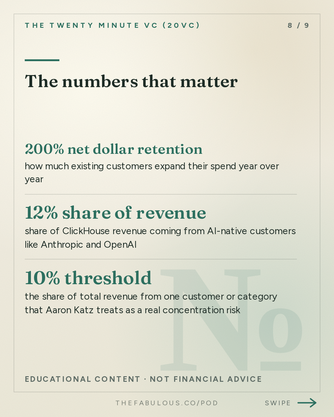 The numbers that matter — The Twenty Minute VC (20VC): Venture Capital | Startup Funding | The Pitch: 20VC: The AI Bubble Is Wrong | AI Margins Need to Improve | Revenue Concentration Should be a Concern | Why People Over-Estimate Open Models But Enterprises Still Fear Frontier Models with Aaron Katz, ClickHouse
