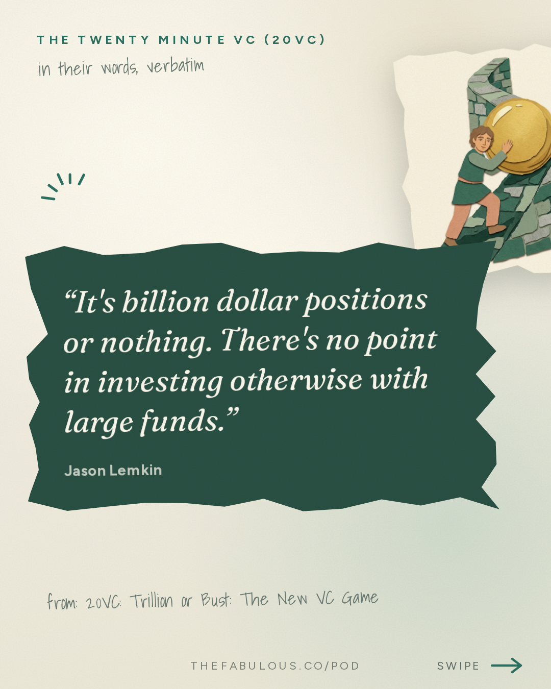 It's billion dollar positions or nothing. There's no point in investing otherwise with large funds. — The Twenty Minute VC (20VC): Venture Capital | Startup Funding | The Pitch: 20VC: Trillion or Bust: The New VC Game | Coreweave Sell-Off Creates Panic | Town at $1B, Anduril at $90B: Revenue Multiples Out of Control | General Atlantic Eyes IPO & Modal Raises $750M at $15.75B