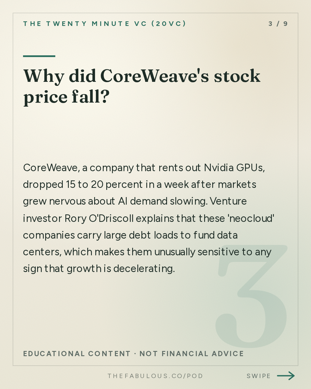 Why did CoreWeave's stock price fall? — The Twenty Minute VC (20VC): Venture Capital | Startup Funding | The Pitch: 20VC: Trillion or Bust: The New VC Game | Coreweave Sell-Off Creates Panic | Town at $1B, Anduril at $90B: Revenue Multiples Out of Control | General Atlantic Eyes IPO & Modal Raises $750M at $15.75B