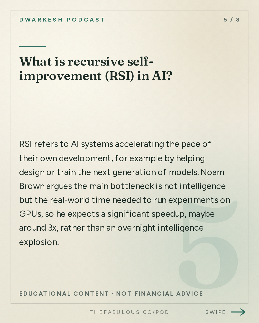 What is recursive self-improvement (RSI) in AI? — Dwarkesh Podcast: Noam Brown – Agent swarms, alignment, & recursive self-improvement