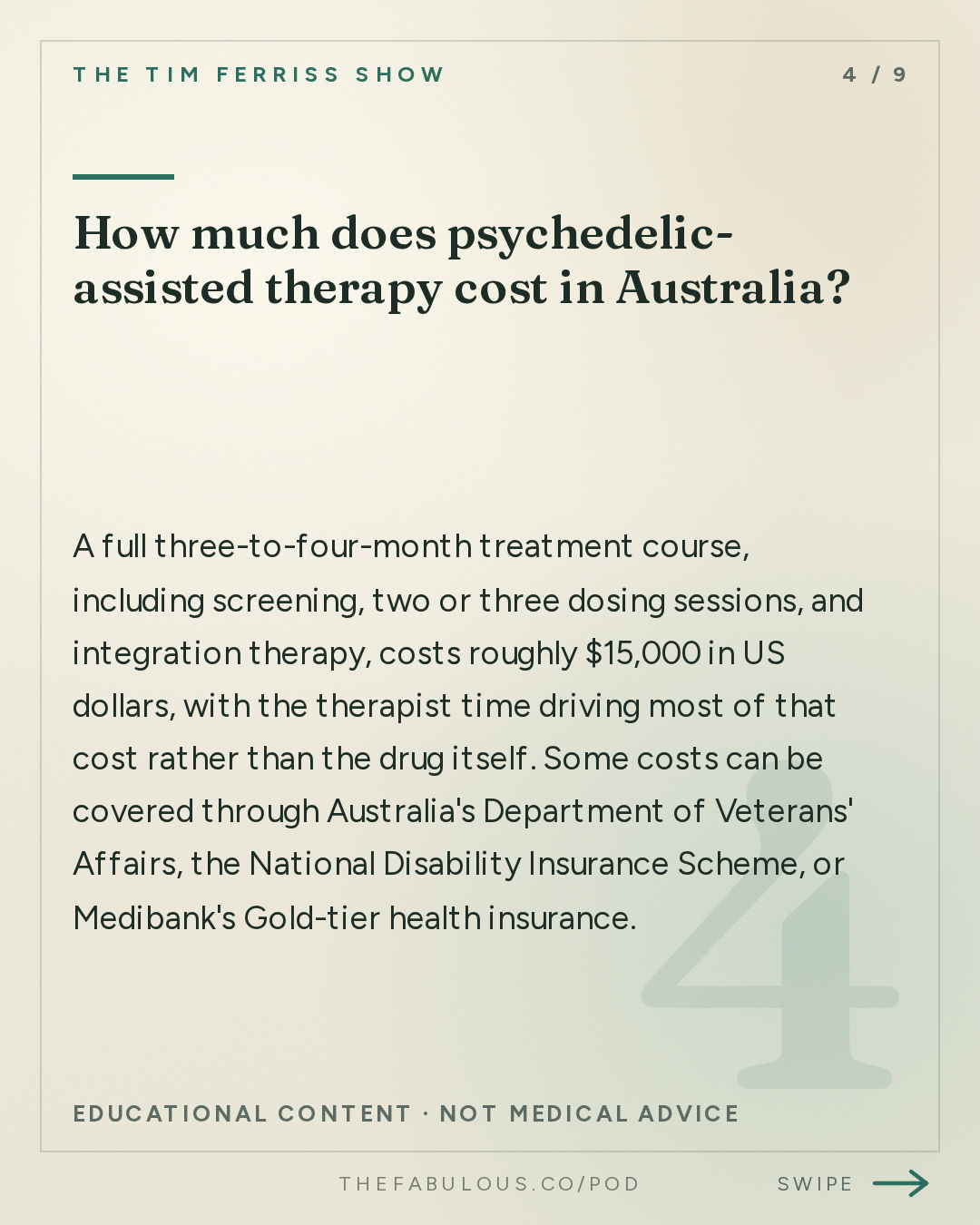 How much does psychedelic-assisted therapy cost in Australia? — The Tim Ferriss Show: #883: How to Legalize Medical Psychedelics in Your Country — Tania de Jong on The Playbook Behind Australia's World-First Breakthrough