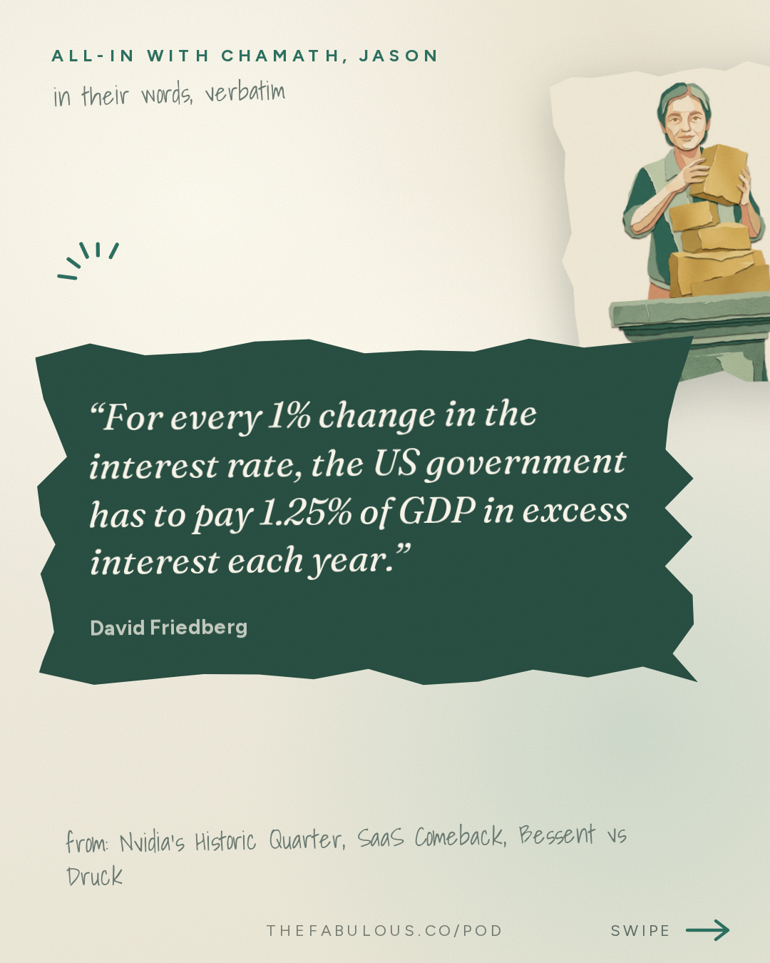 For every 1% change in the interest rate, the US government has to pay 1.25% of GDP in excess interest each year. — All-In with Chamath, Jason, Sacks & Friedberg: Nvidia's Historic Quarter, SaaS Comeback, Bessent vs Druck, America's Debt Crisis, Cancer Vaccine