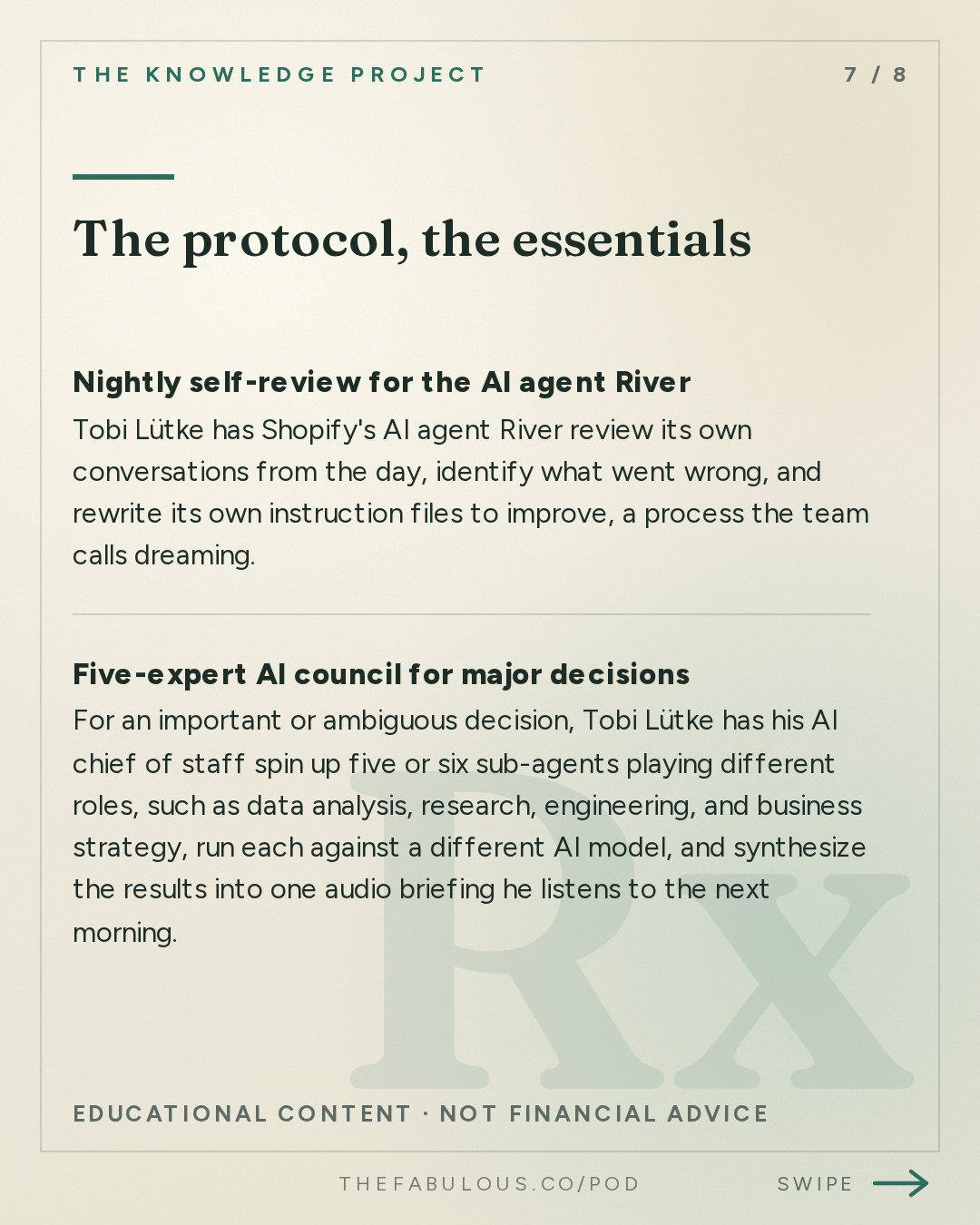 The protocol, the essentials — The Knowledge Project: Tobi Lütke: AI Agents, Better Decisions, and the Future of Work
