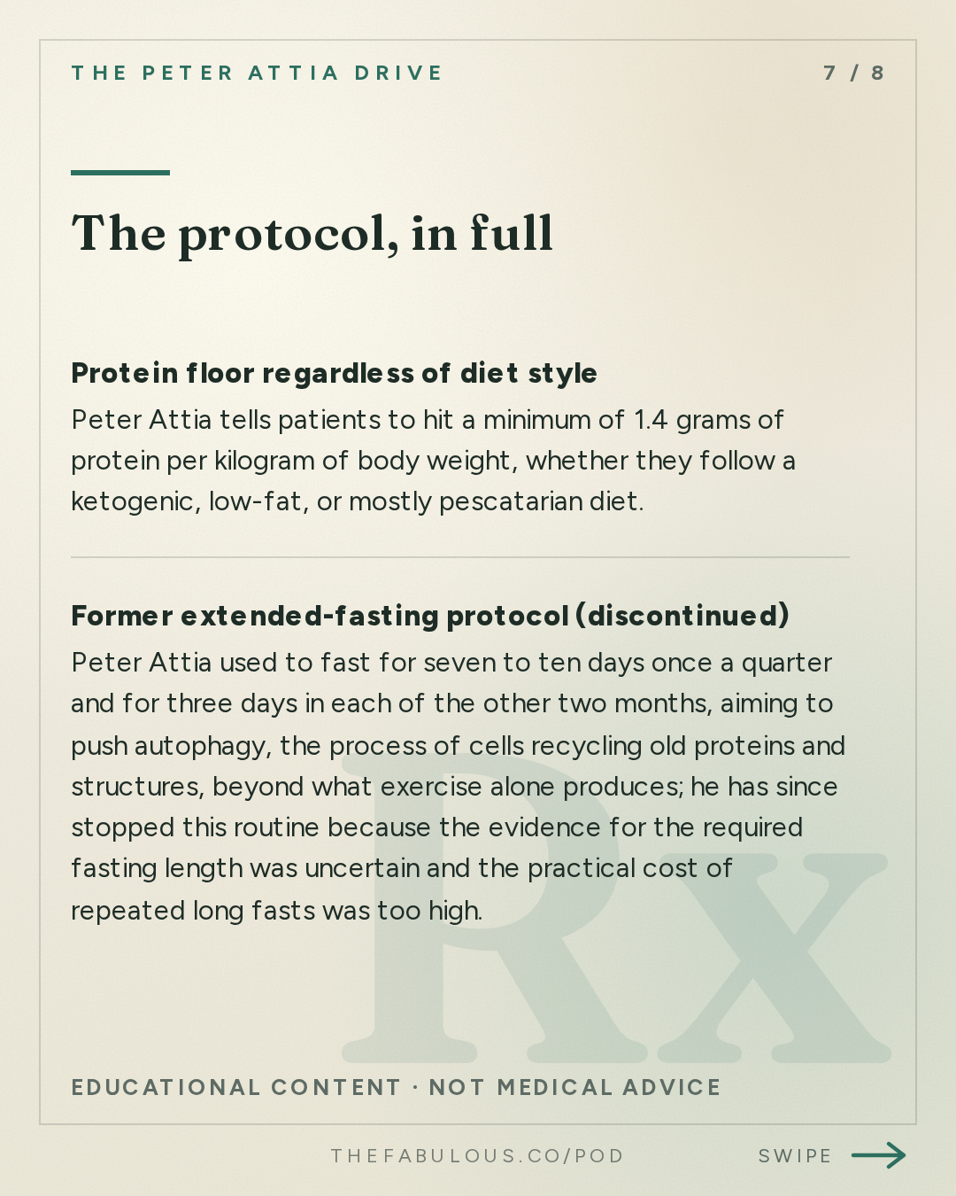 The protocol, in full — The Peter Attia Drive: #411 ‒ AMA #90: Strong convictions, loosely held: how Peter's views on fasting, keto, metformin, rapamycin, whole-body MRI, and exercise have changed