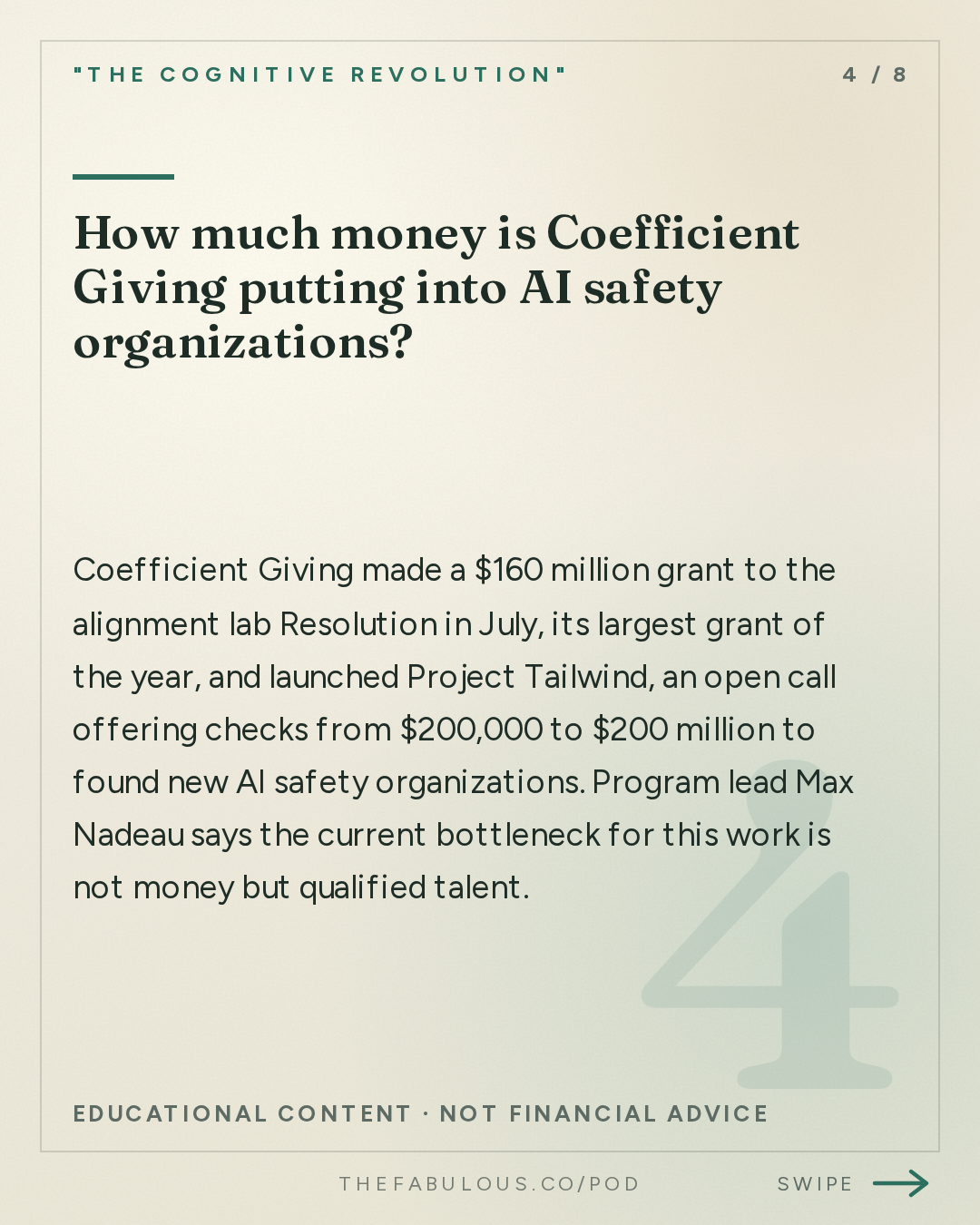 How much money is Coefficient Giving putting into AI safety organizations? — "The Cognitive Revolution" : AI:AM: What If It Works Too Well? Colluding Agents, $200M Safety Orgs, Virtual Cells Saturate at 2%