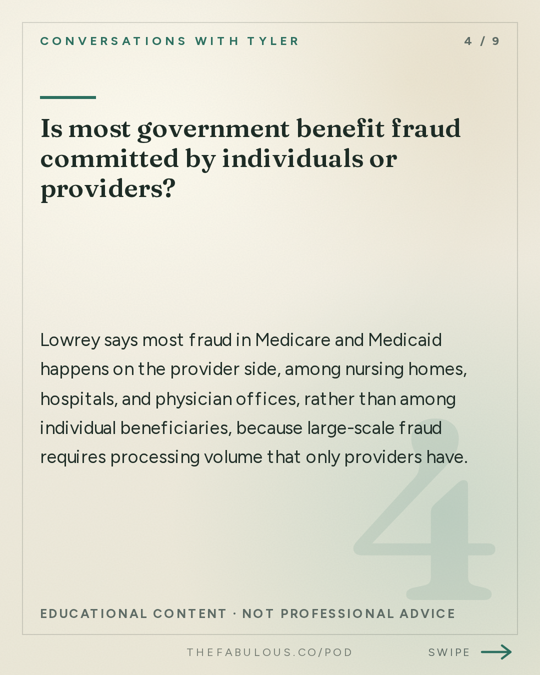 Is most government benefit fraud committed by individuals or providers? — Conversations with Tyler: Annie Lowrey on the Time Tax, Fraud, and Rationing by Paperwork