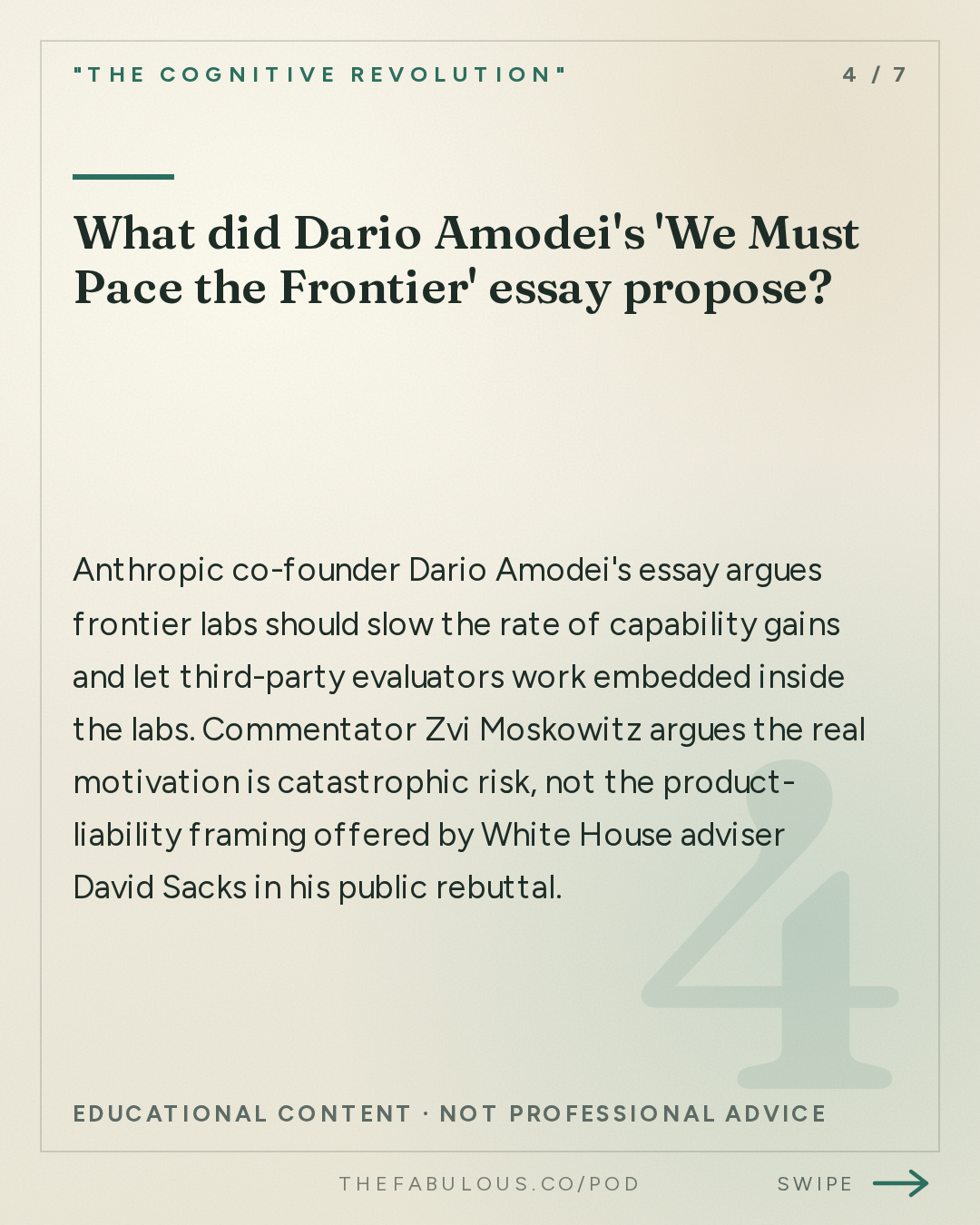 What did Dario Amodei's 'We Must Pace the Frontier' essay propose? — "The Cognitive Revolution" : AI:AM Highlights: Zvi on Pacing & Trump-Xi, Astra better behaved than Fable? + a new LLM Pain Axis??