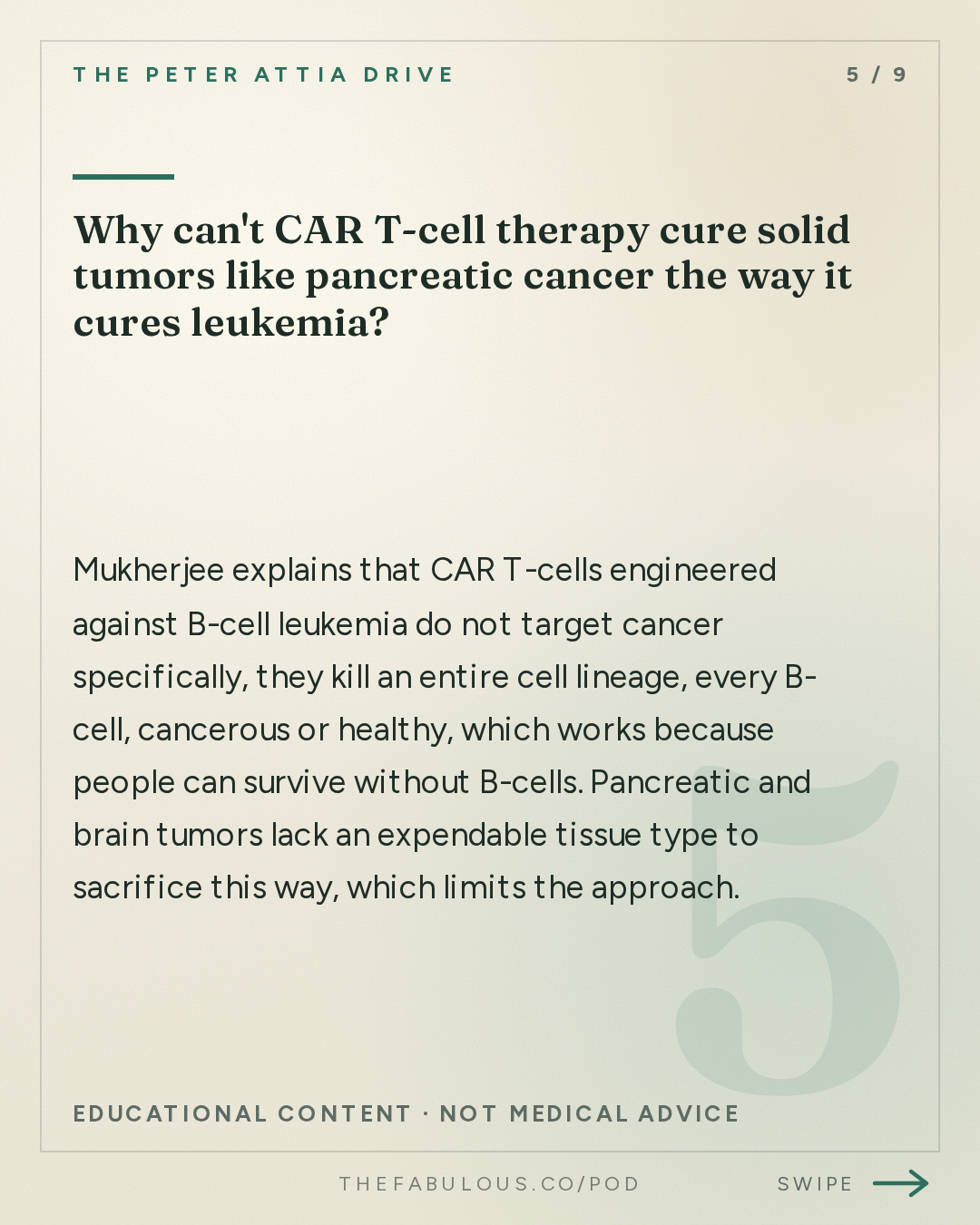 Why can't CAR T-cell therapy cure solid tumors like pancreatic cancer the way it cures leukemia? — The Peter Attia Drive: #412 ‒ The evolving science of cancer: emerging approaches to prevention and early detection, and the advances reshaping treatment | Siddhartha Mukherjee, M.D., Ph.D.
