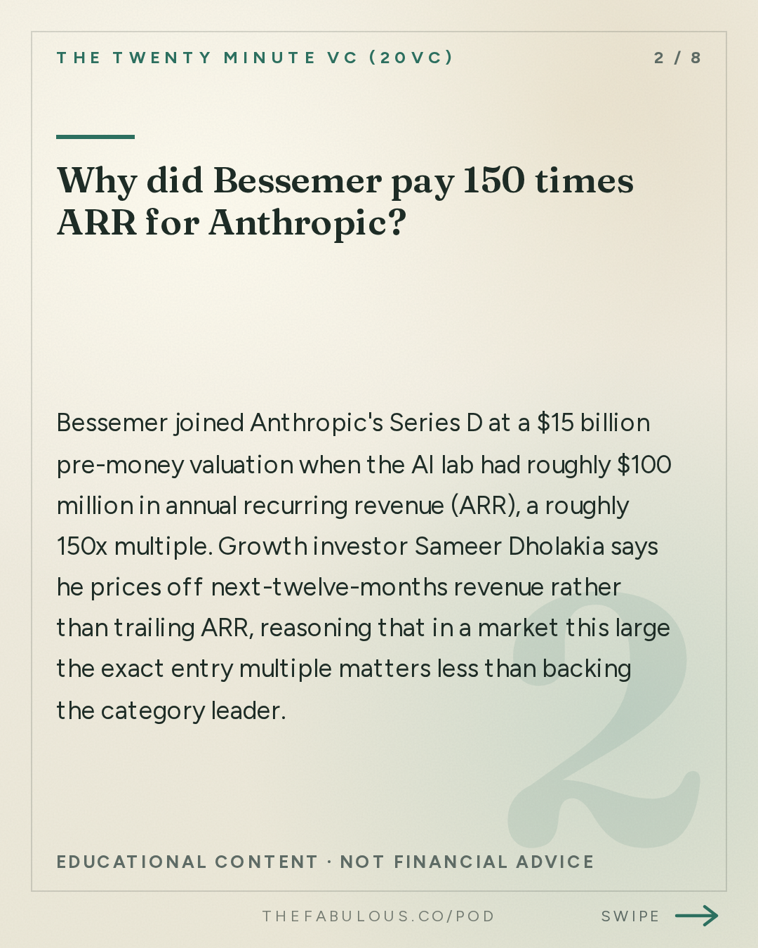 Why did Bessemer pay 150 times ARR for Anthropic? — The Twenty Minute VC (20VC): Venture Capital | Startup Funding | The Pitch: 20VC: You Need $1BN To Do Seed Today: The Untold Truths of Venture | Who Wins and Who Loses in the Next Decade of VC | Why Margin and Price Matter Less in a World of AI with Sameer Dholakia, Bessemer