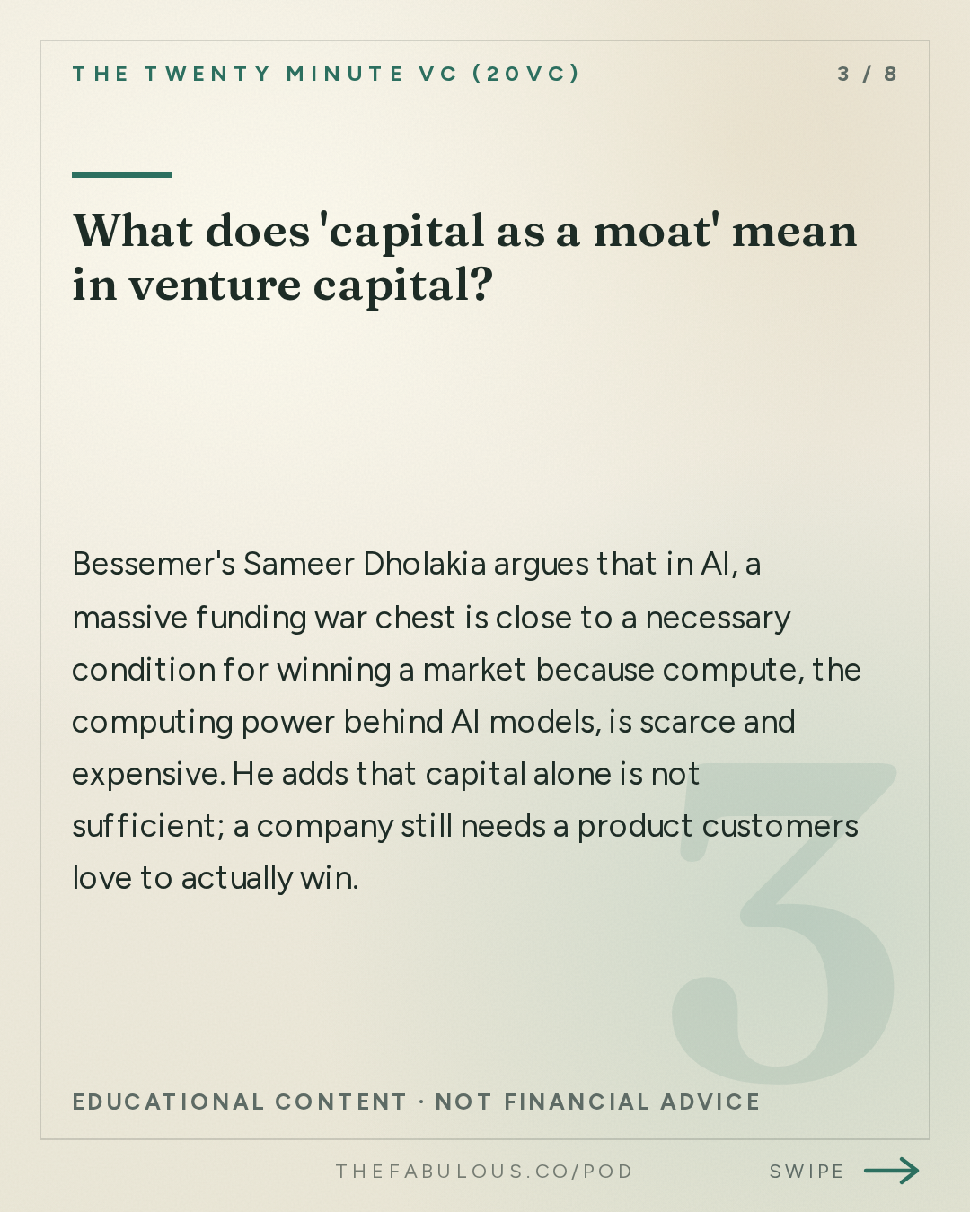 What does 'capital as a moat' mean in venture capital? — The Twenty Minute VC (20VC): Venture Capital | Startup Funding | The Pitch: 20VC: You Need $1BN To Do Seed Today: The Untold Truths of Venture | Who Wins and Who Loses in the Next Decade of VC | Why Margin and Price Matter Less in a World of AI with Sameer Dholakia, Bessemer