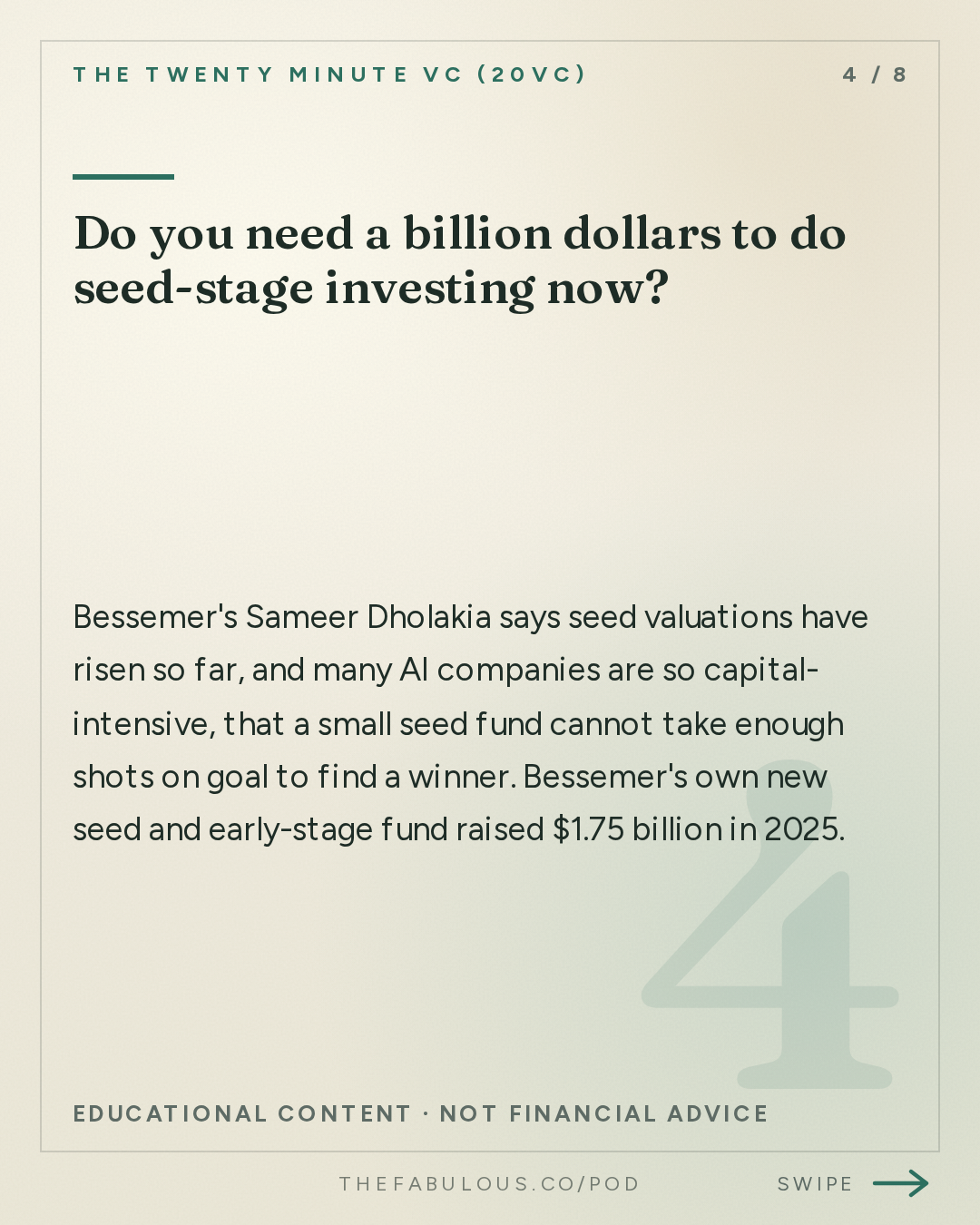Do you need a billion dollars to do seed-stage investing now? — The Twenty Minute VC (20VC): Venture Capital | Startup Funding | The Pitch: 20VC: You Need $1BN To Do Seed Today: The Untold Truths of Venture | Who Wins and Who Loses in the Next Decade of VC | Why Margin and Price Matter Less in a World of AI with Sameer Dholakia, Bessemer