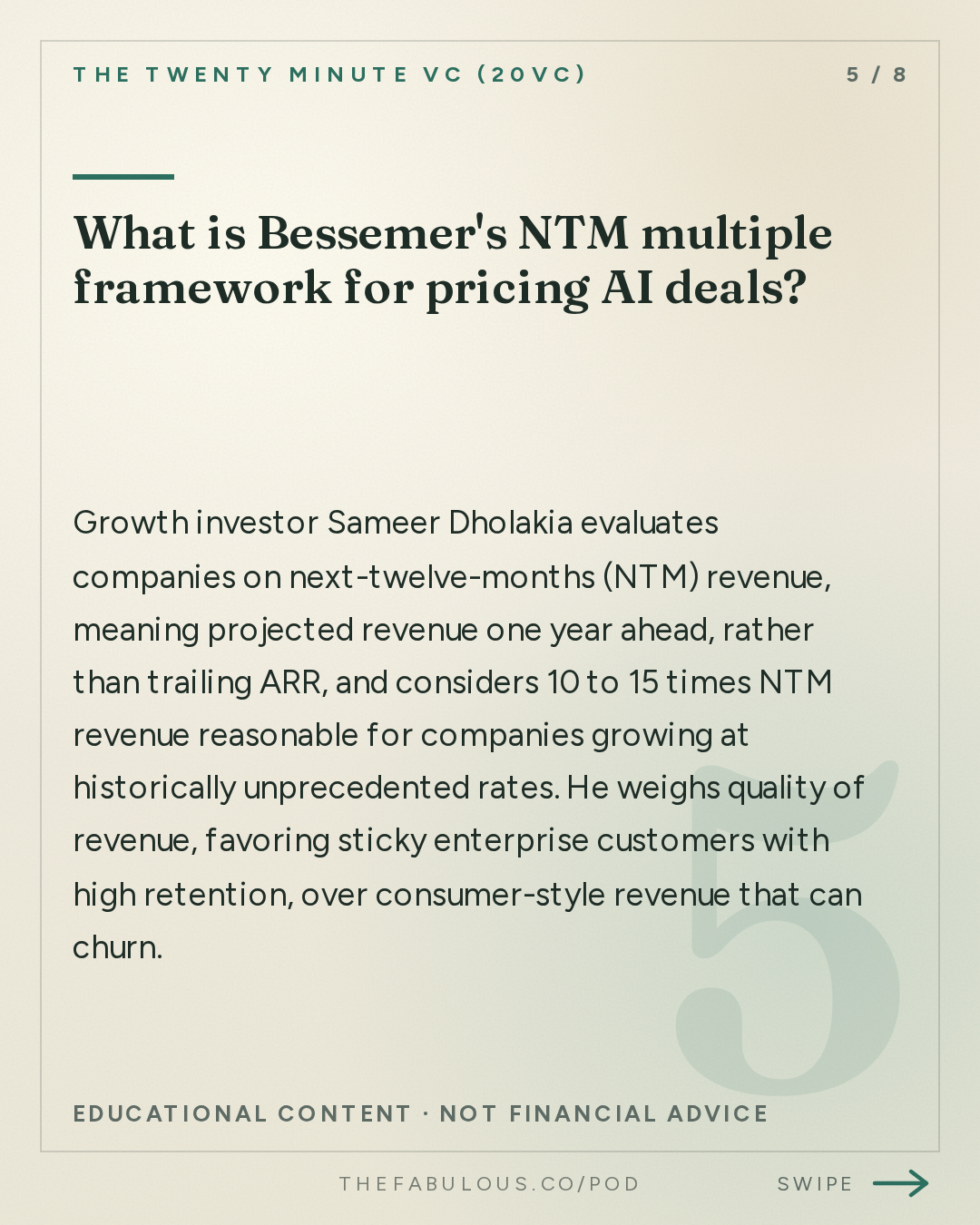 What is Bessemer's NTM multiple framework for pricing AI deals? — The Twenty Minute VC (20VC): Venture Capital | Startup Funding | The Pitch: 20VC: You Need $1BN To Do Seed Today: The Untold Truths of Venture | Who Wins and Who Loses in the Next Decade of VC | Why Margin and Price Matter Less in a World of AI with Sameer Dholakia, Bessemer