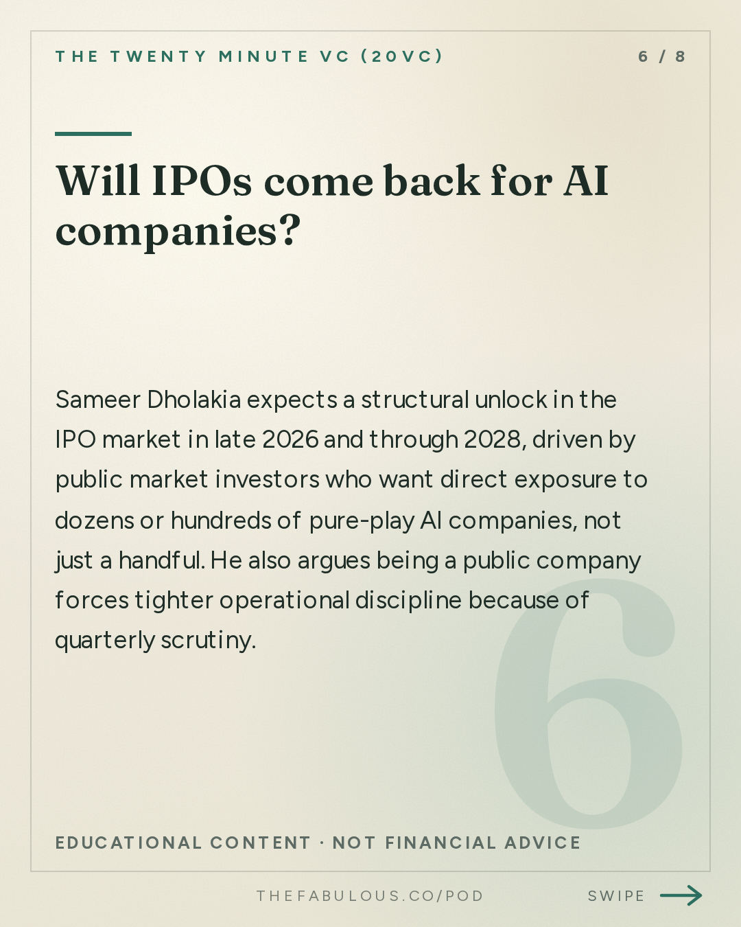 Will IPOs come back for AI companies? — The Twenty Minute VC (20VC): Venture Capital | Startup Funding | The Pitch: 20VC: You Need $1BN To Do Seed Today: The Untold Truths of Venture | Who Wins and Who Loses in the Next Decade of VC | Why Margin and Price Matter Less in a World of AI with Sameer Dholakia, Bessemer