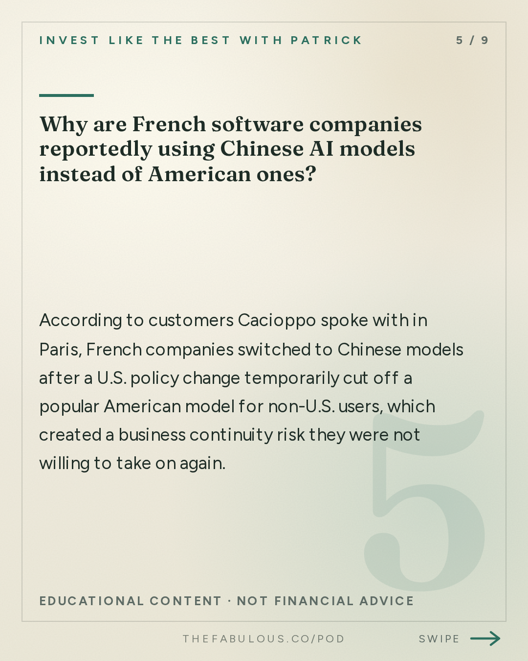 Why are French software companies reportedly using Chinese AI models instead of American ones? — Invest Like the Best with Patrick O'Shaughnessy: Christina Cacioppo - Building an Enduring Software Company in the Age of AI - [Invest Like the Best, EP.496]
