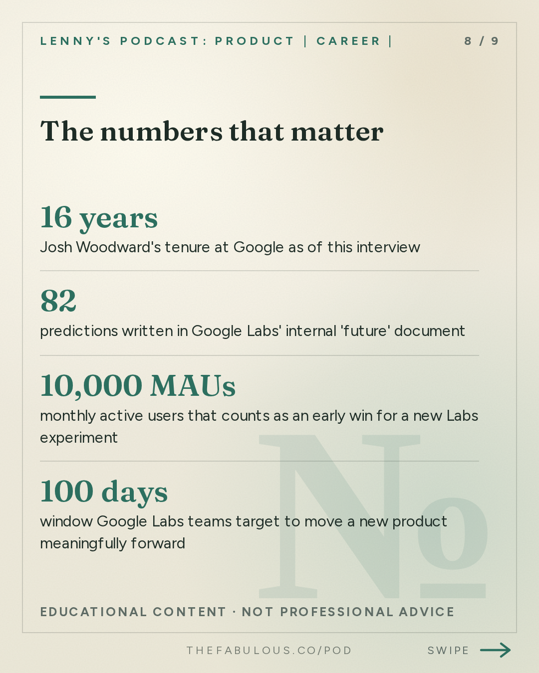 The numbers that matter — Lenny's Podcast: Product | Career | Growth: Why every company now needs to think and operate like a lab team | Josh Woodward (Google Labs, Gemini, AI Studio)