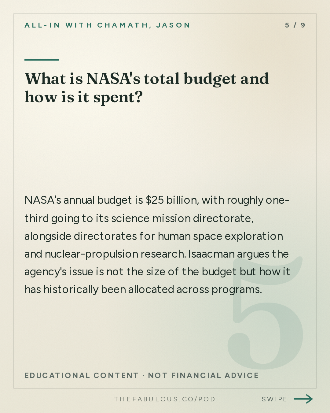 What is NASA's total budget and how is it spent? — All-In with Chamath, Jason, Sacks & Friedberg: Jared Isaacman: A New Era for NASA and American Space Exploration