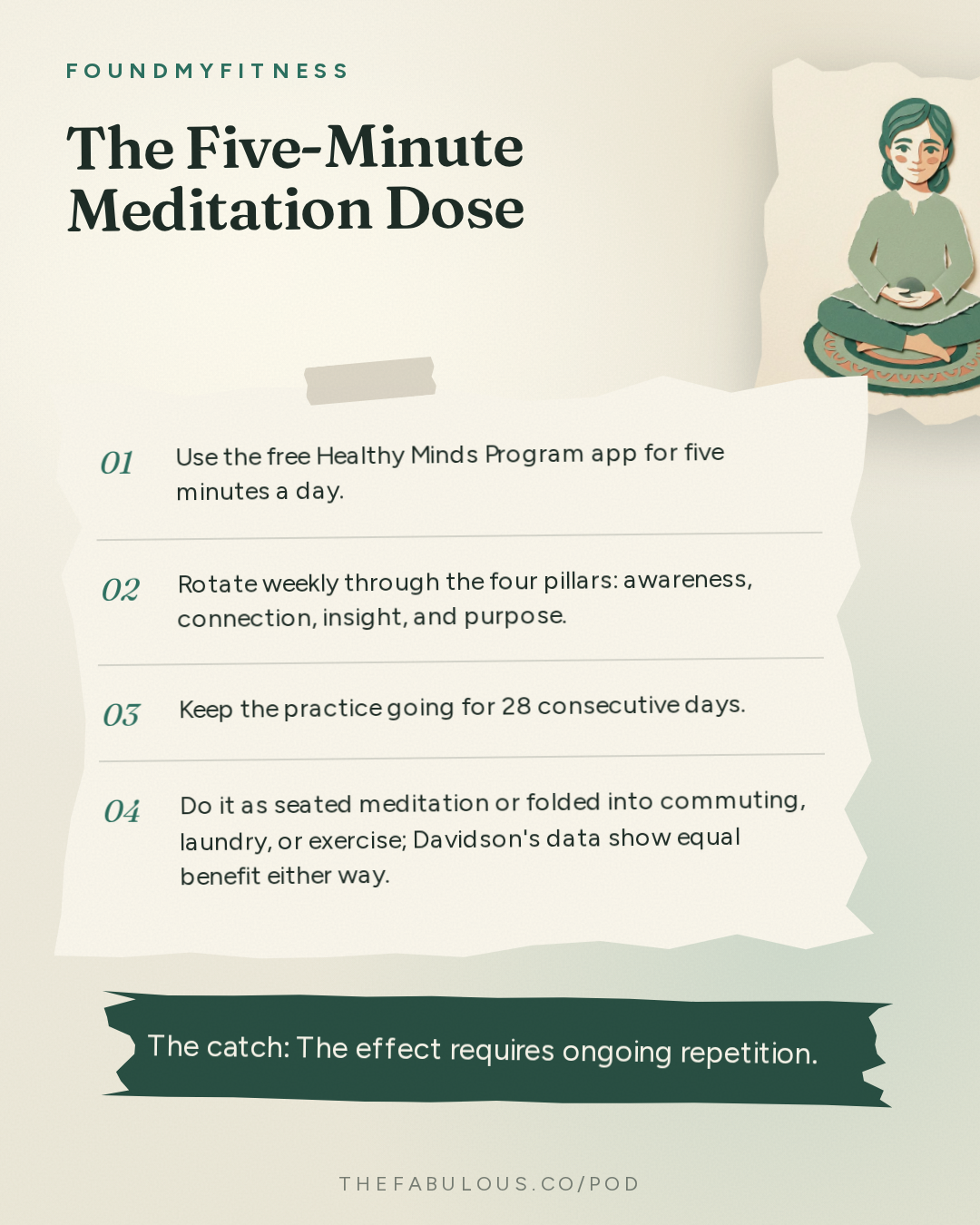 The Five-Minute Meditation Dose — FoundMyFitness: #114 How Meditation Rewires Your Brain, Gut, & Immune System | Dr. Richard Davidson