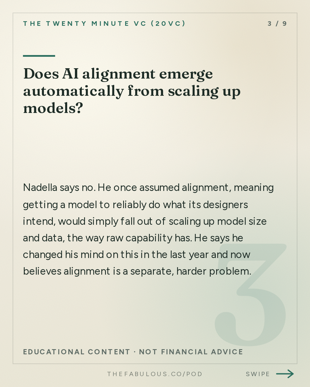 Does AI alignment emerge automatically from scaling up models? — The Twenty Minute VC (20VC): Venture Capital | Startup Funding | The Pitch: 20VC: Satya Nadella on Open vs Closed Models: Who Wins | Whether to Trust Frontier Model Providers | Why Companies Need to Own Their Own Intelligence | The Importance of Verticalisation: From Chips to Models and More