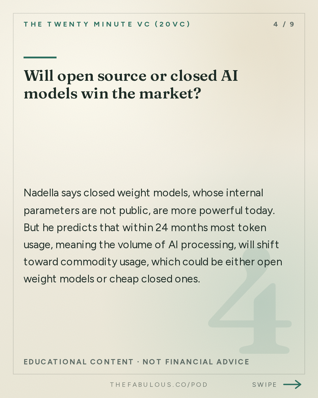 Will open source or closed AI models win the market? — The Twenty Minute VC (20VC): Venture Capital | Startup Funding | The Pitch: 20VC: Satya Nadella on Open vs Closed Models: Who Wins | Whether to Trust Frontier Model Providers | Why Companies Need to Own Their Own Intelligence | The Importance of Verticalisation: From Chips to Models and More