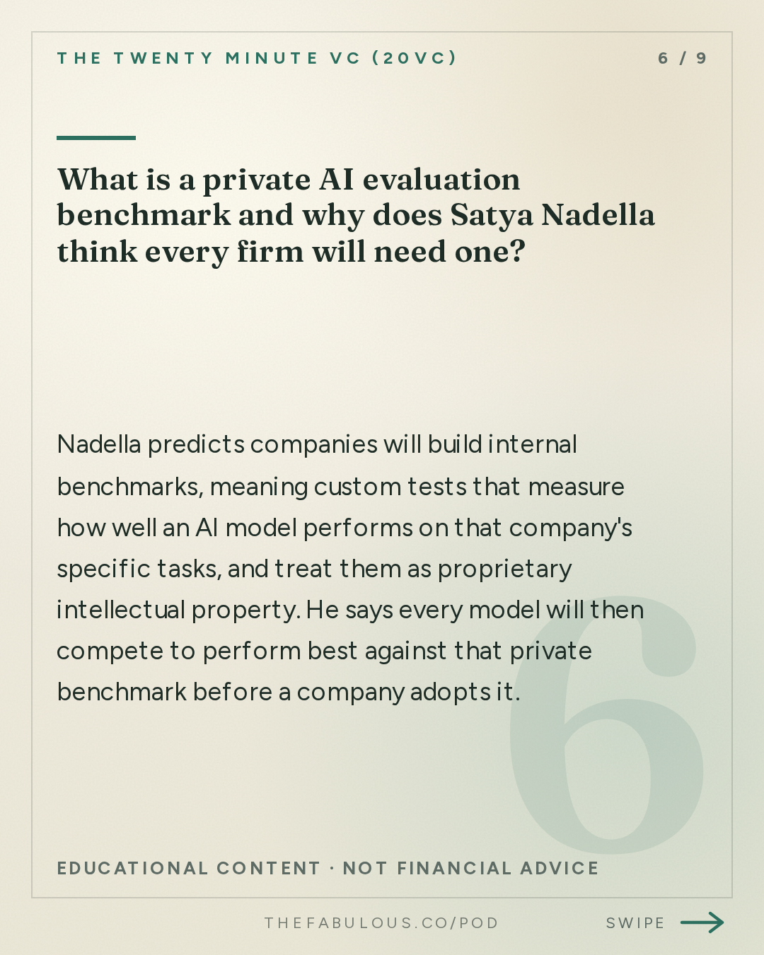 What is a private AI evaluation benchmark and why does Satya Nadella think every firm will need one? — The Twenty Minute VC (20VC): Venture Capital | Startup Funding | The Pitch: 20VC: Satya Nadella on Open vs Closed Models: Who Wins | Whether to Trust Frontier Model Providers | Why Companies Need to Own Their Own Intelligence | The Importance of Verticalisation: From Chips to Models and More