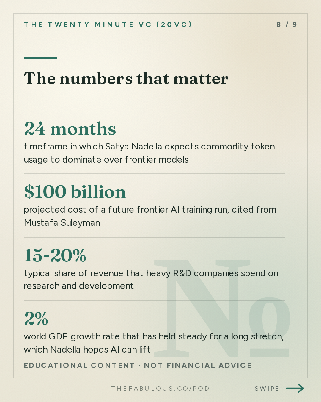 The numbers that matter — The Twenty Minute VC (20VC): Venture Capital | Startup Funding | The Pitch: 20VC: Satya Nadella on Open vs Closed Models: Who Wins | Whether to Trust Frontier Model Providers | Why Companies Need to Own Their Own Intelligence | The Importance of Verticalisation: From Chips to Models and More