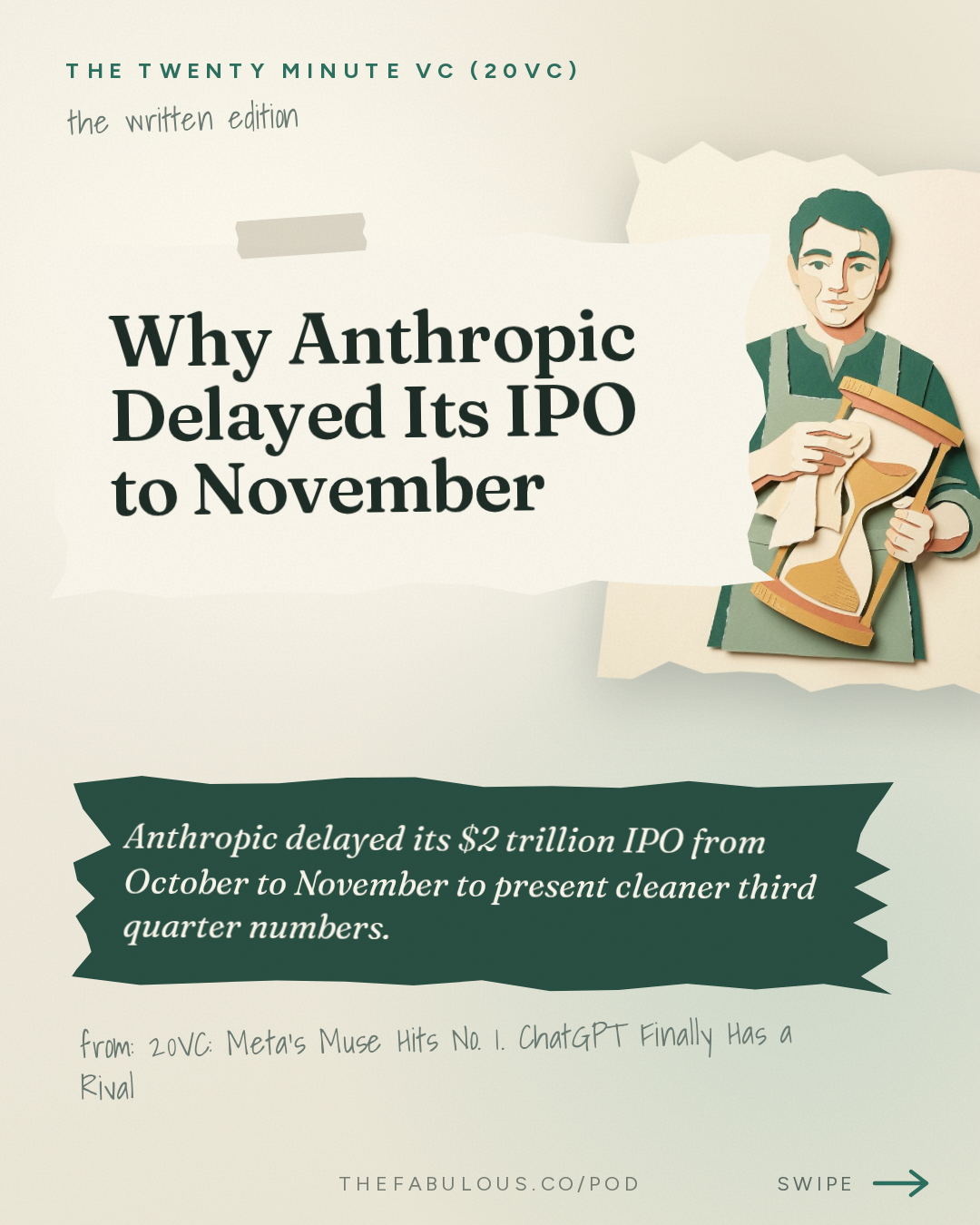 Why Anthropic Delayed Its IPO to November — The Twenty Minute VC (20VC): Venture Capital | Startup Funding | The Pitch: 20VC: Meta's Muse Hits No. 1. ChatGPT Finally Has a Rival | Menlo Sounds the AI Bubble Alarm | Factory Triples Its Valuation to $5 Billion | Keith Rabois vs Airwallex: Who is Right? | Crusoe's $3.9 Billion Round. Is the Data Centre Trade Overheating?