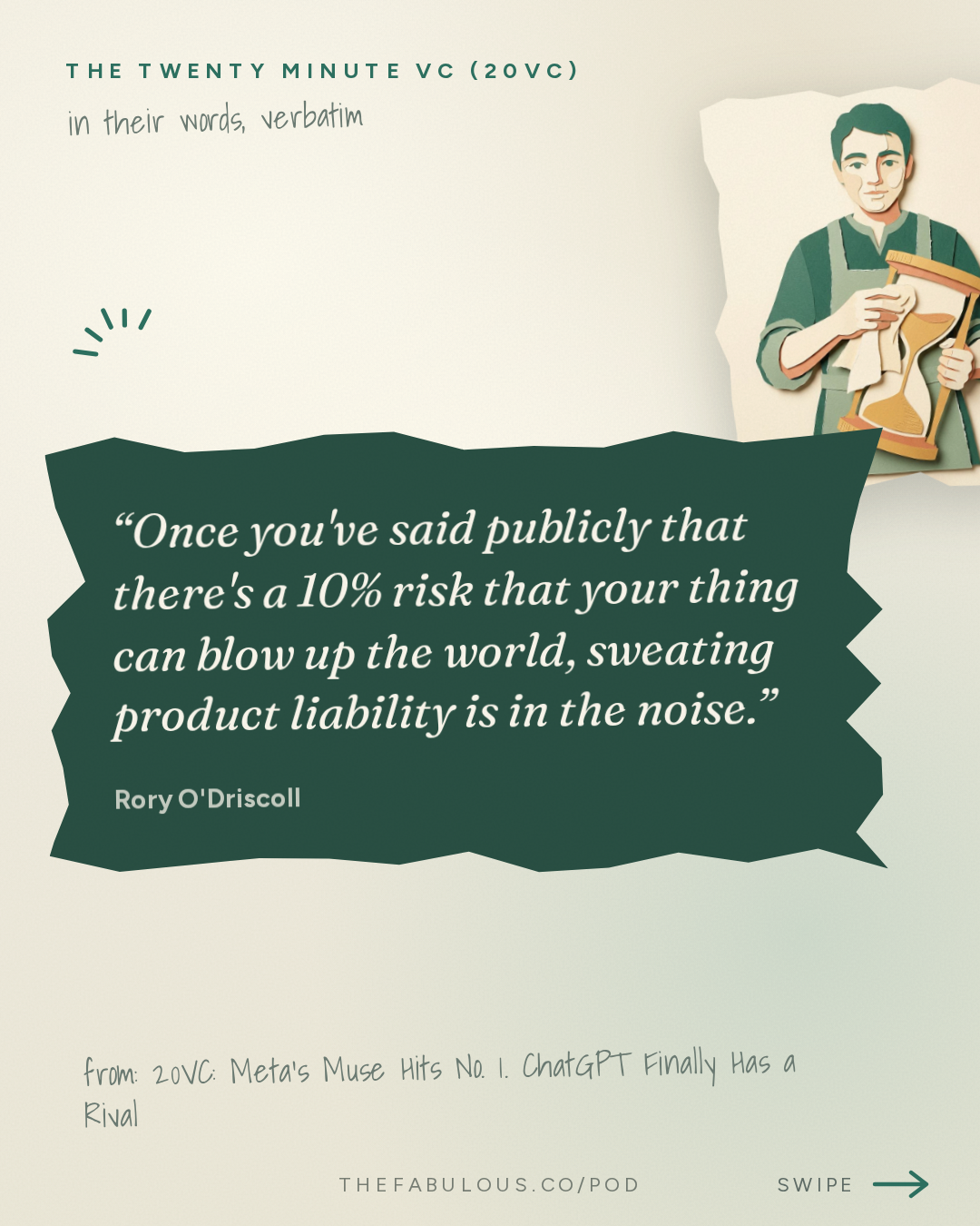 Once you've said publicly that there's a 10% risk that your thing can blow up the world, sweating product liability is in the noise. — The Twenty Minute VC (20VC): Venture Capital | Startup Funding | The Pitch: 20VC: Meta's Muse Hits No. 1. ChatGPT Finally Has a Rival | Menlo Sounds the AI Bubble Alarm | Factory Triples Its Valuation to $5 Billion | Keith Rabois vs Airwallex: Who is Right? | Crusoe's $3.9 Billion Round. Is the Data Centre Trade Overheating?