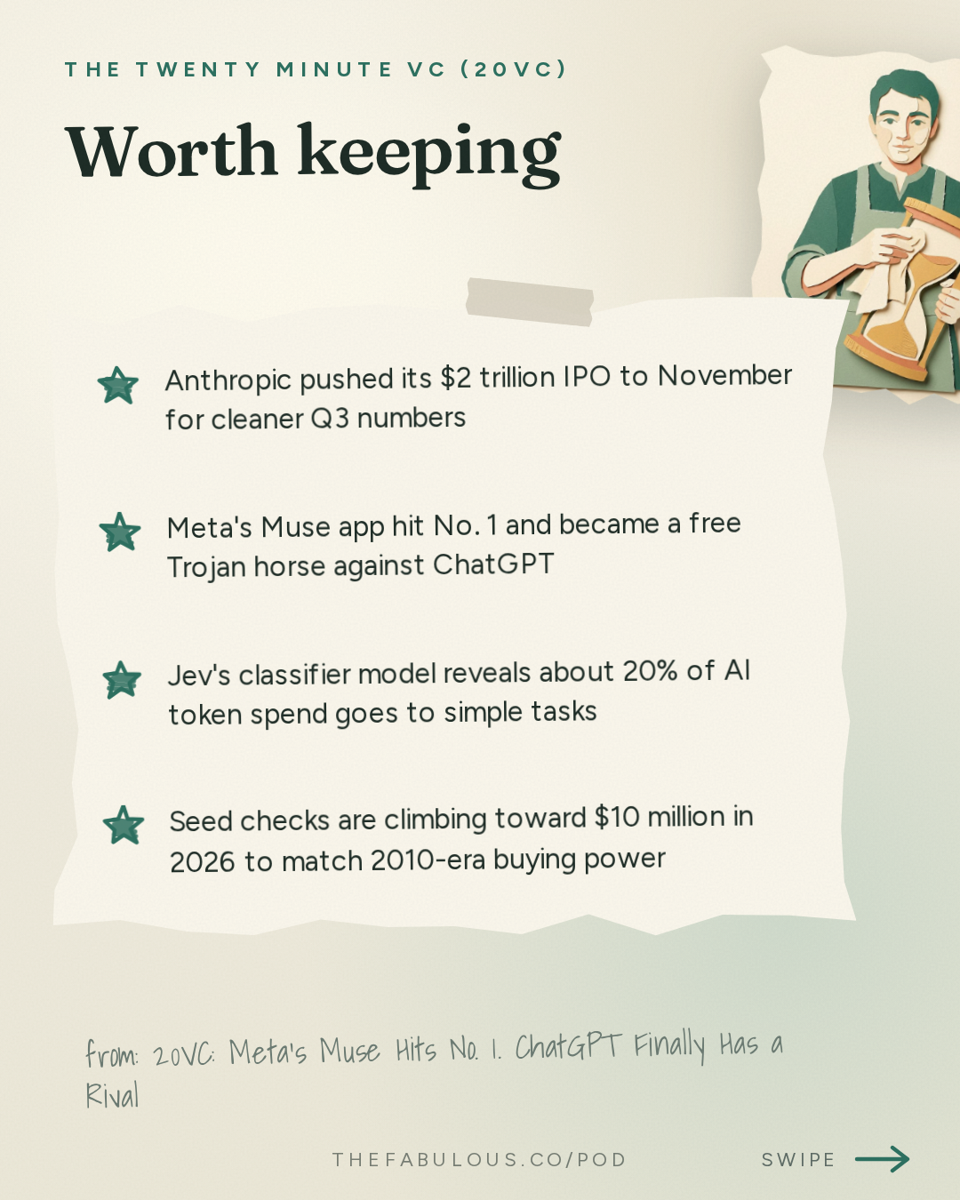 Worth keeping — The Twenty Minute VC (20VC): Venture Capital | Startup Funding | The Pitch: 20VC: Meta's Muse Hits No. 1. ChatGPT Finally Has a Rival | Menlo Sounds the AI Bubble Alarm | Factory Triples Its Valuation to $5 Billion | Keith Rabois vs Airwallex: Who is Right? | Crusoe's $3.9 Billion Round. Is the Data Centre Trade Overheating?